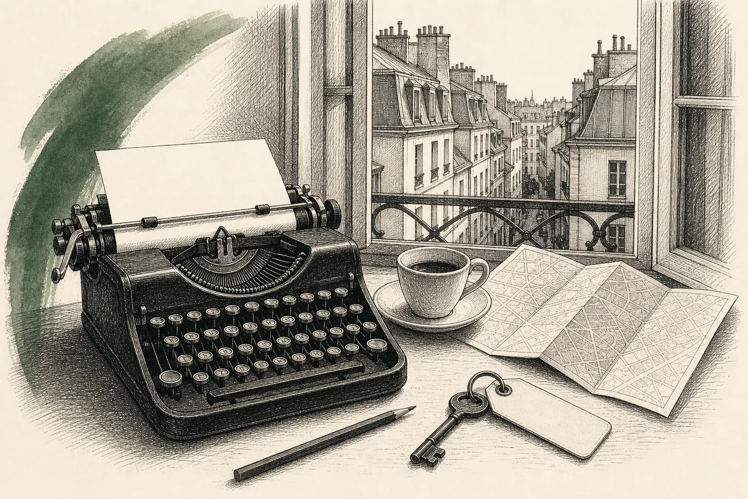 Illustration of an uphill Paris lane with a modest hotel courtyard, bicycle, notebook, and café table.