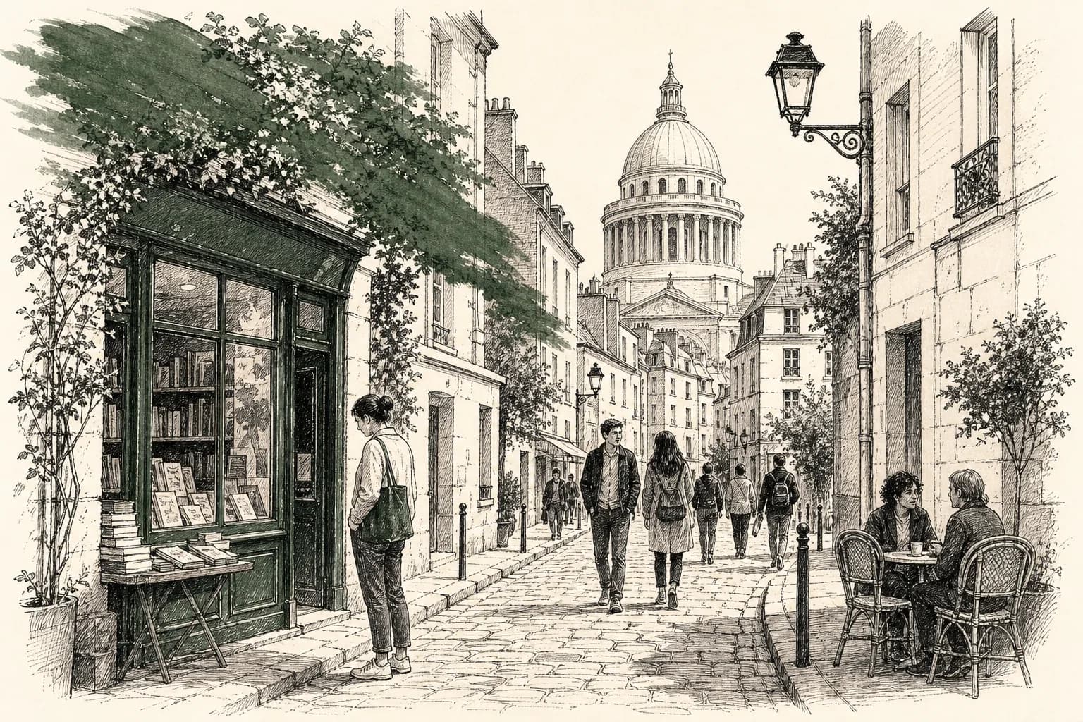 Illustration of a sloping Latin Quarter lane with bookshops, a hotel doorway, and the Panthéon in the distance.