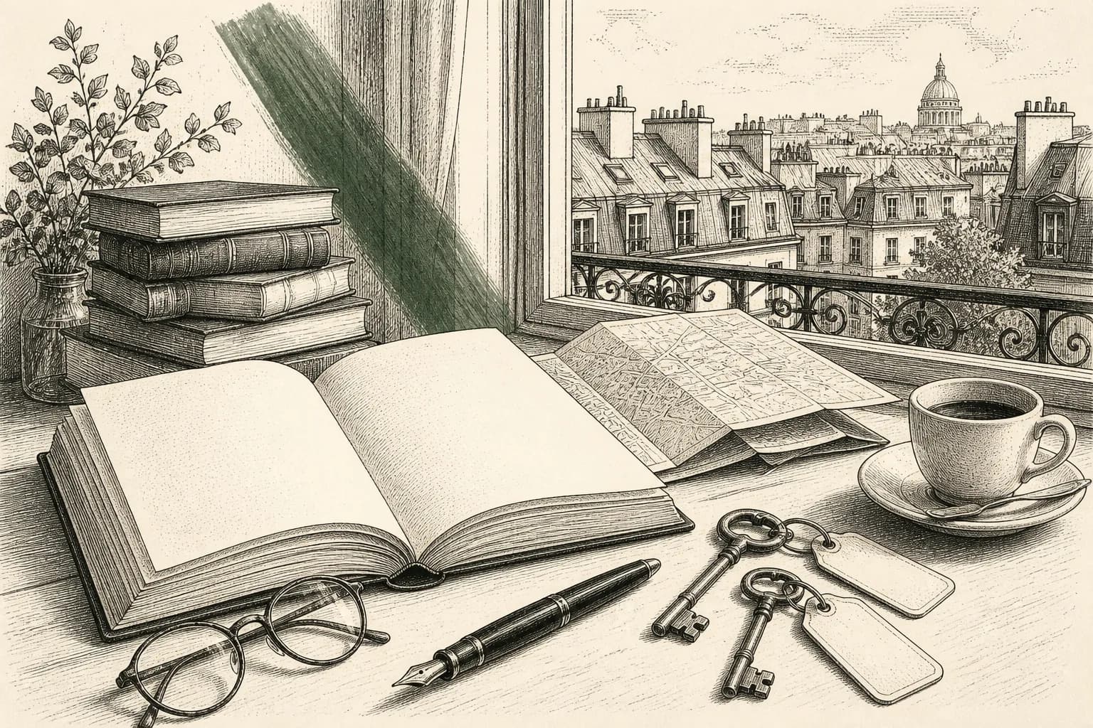 Illustration of a Left Bank hotel entrance near bookshops and cafés, with a notebook and fountain pen.