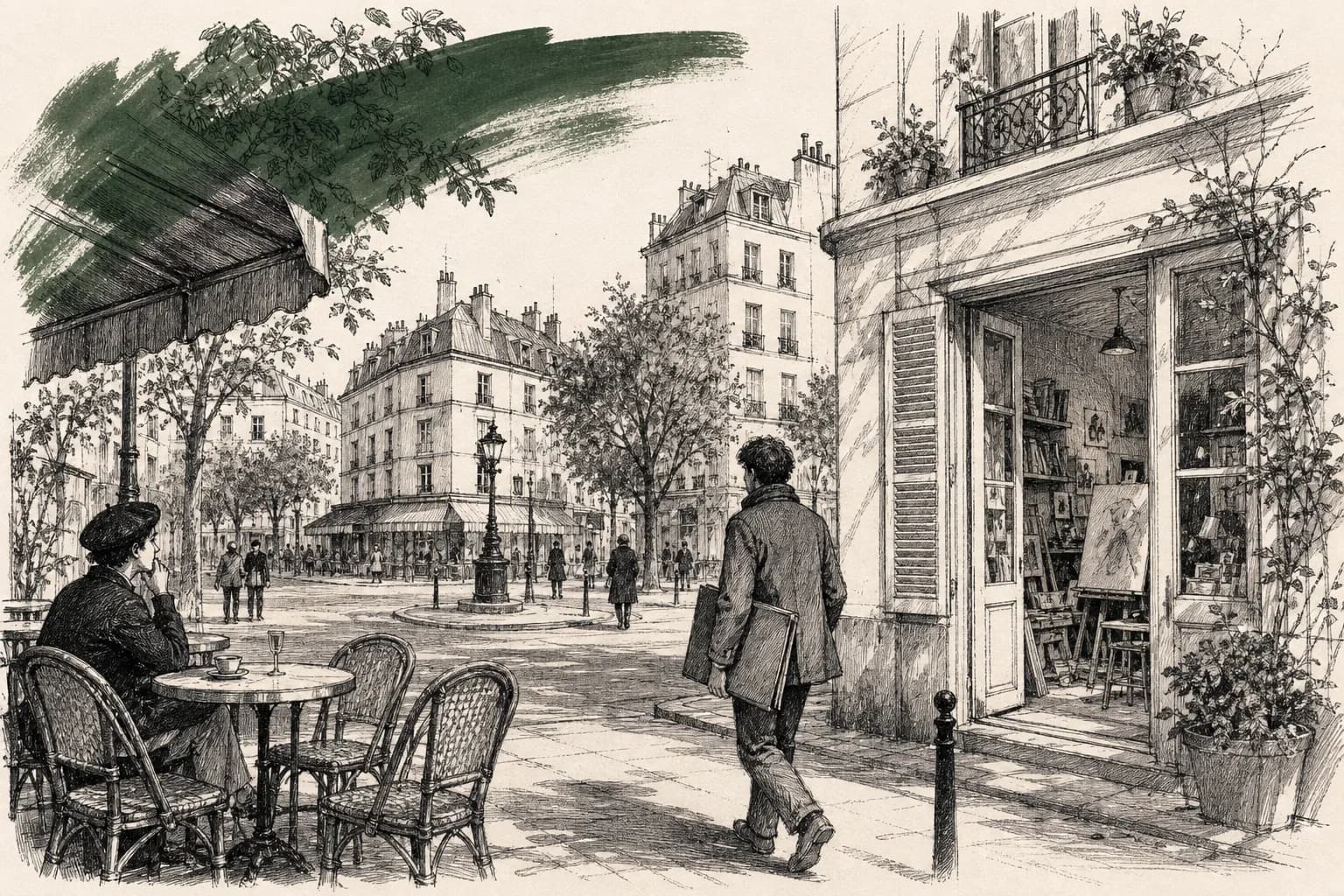 Illustration of a Montparnasse boulevard with a café terrace, hotel entrance, and artist portfolio.