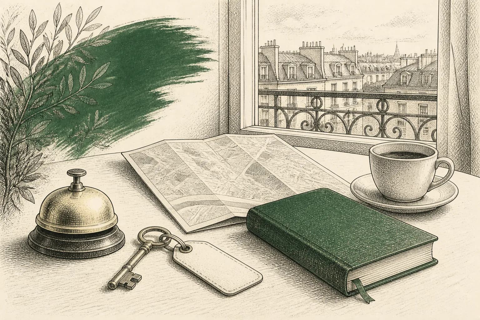 Illustration of a small Paris hotel entrance, café tables, luggage, and rooftops.