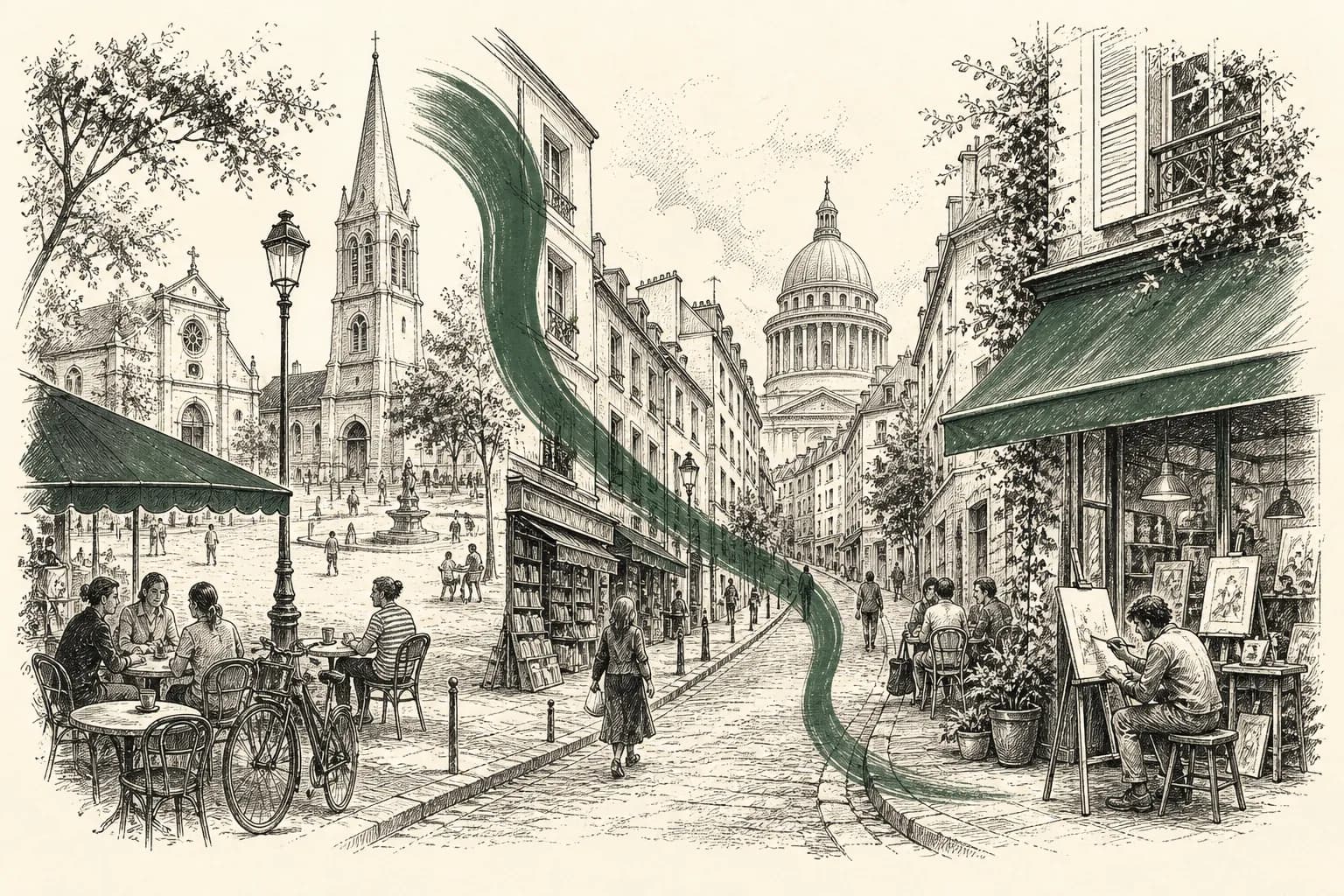 Illustration combining a Saint-Germain café, a Latin Quarter bookshop lane, and a Montparnasse boulevard.