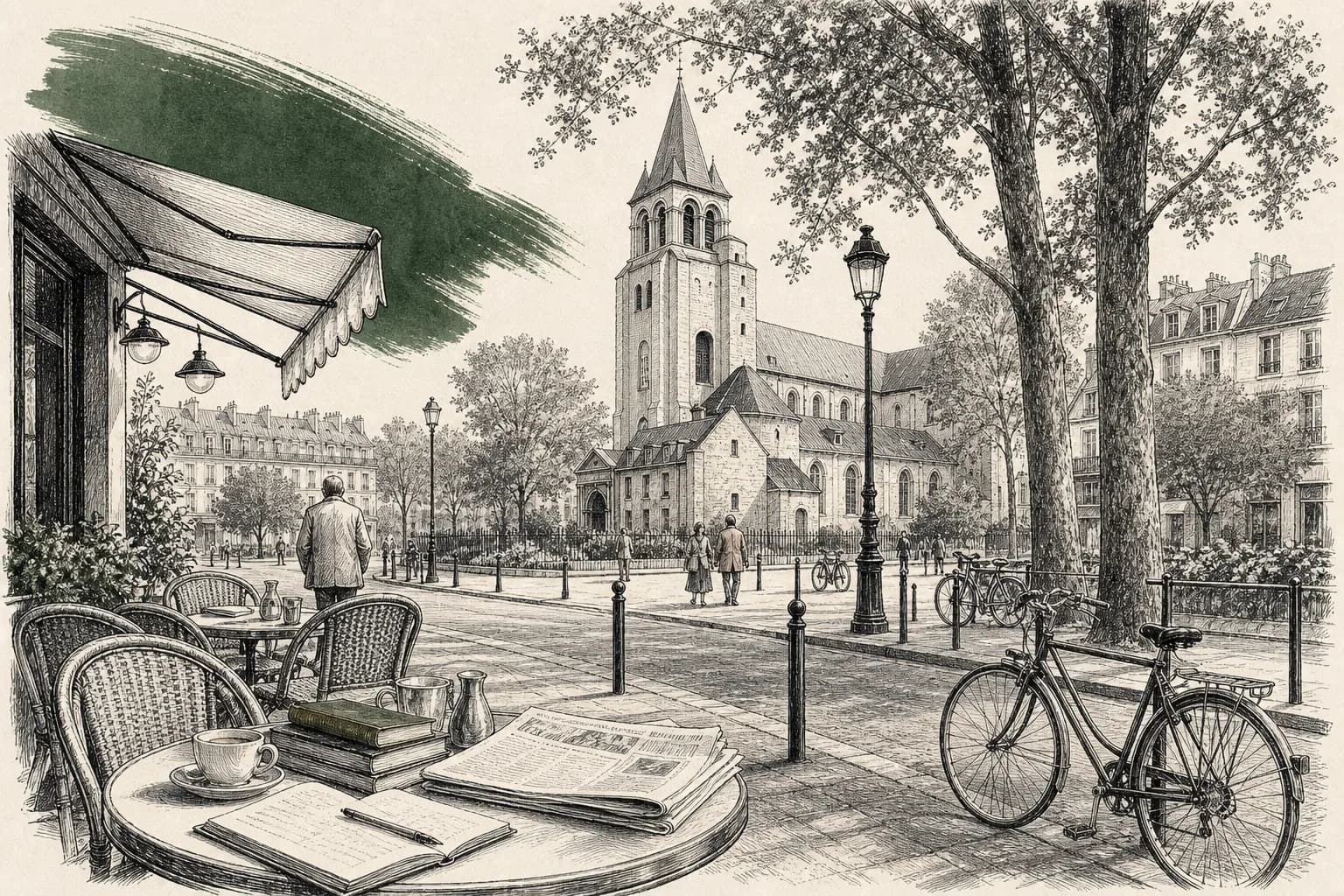 Illustration of a Saint-Germain street with a hotel, café terrace, gallery window, and bicycles.