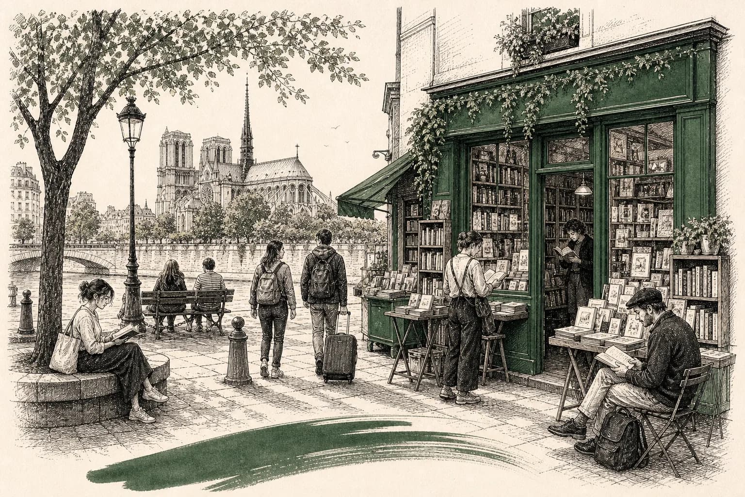 Illustration of a Seine-side Latin Quarter street with booksellers, a hotel doorway, and Notre-Dame nearby.