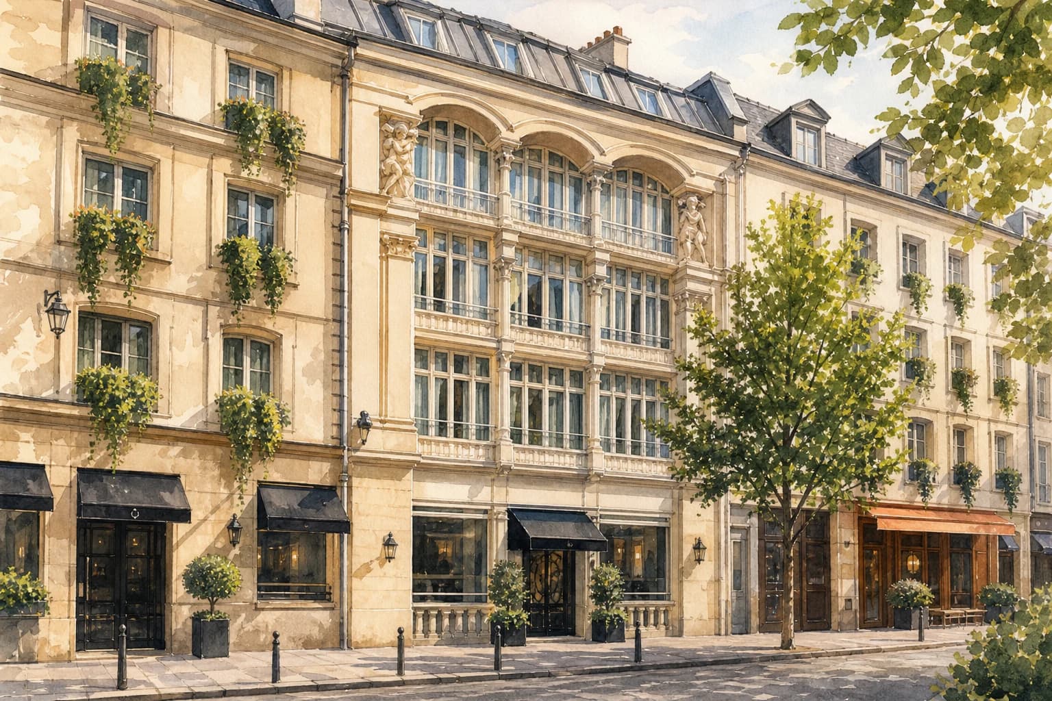 Watercolor illustration of Hôtel Bel Ami’s cream façade and central glazed bay on rue Saint-Benoît.