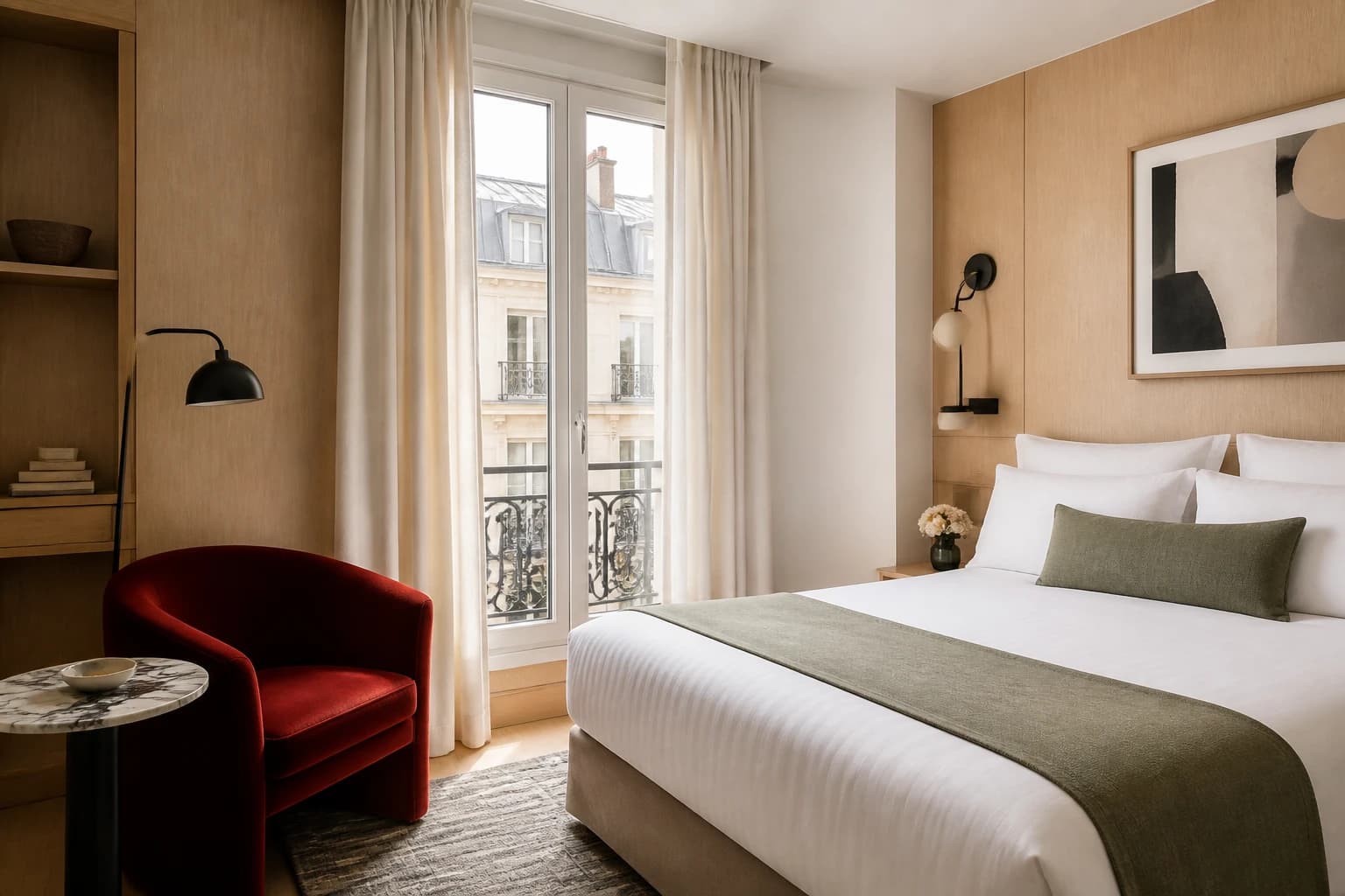 Editorial illustration of a contemporary Hôtel Bel Ami guest room with pale-oak paneling, white bedding, a sage-green throw, and a red velvet chair.