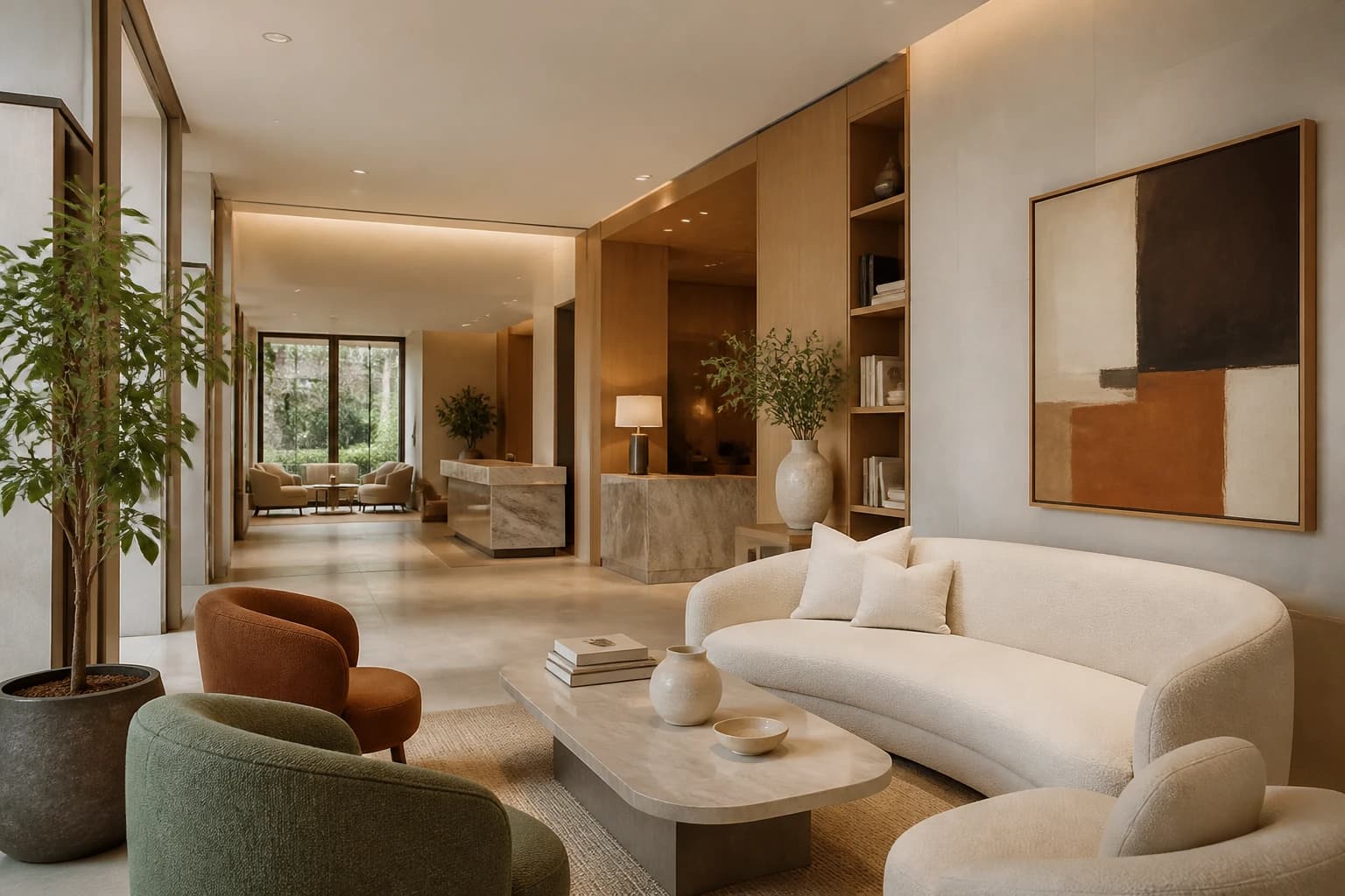 Editorial illustration of Hôtel Bel Ami’s light-filled lobby lounge with warm oak, cream seating, marble tables, and contemporary art.