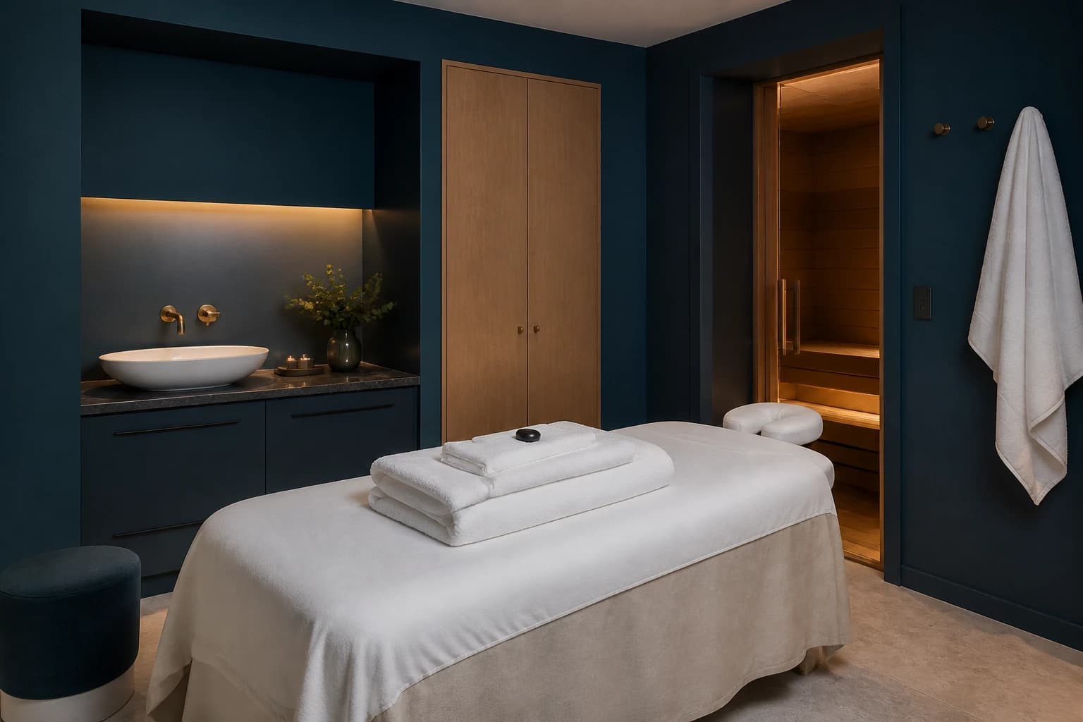 Editorial illustration of Hôtel Bel Ami’s blue-toned spa with a treatment bed, pale stone, folded towels, and a compact sauna.