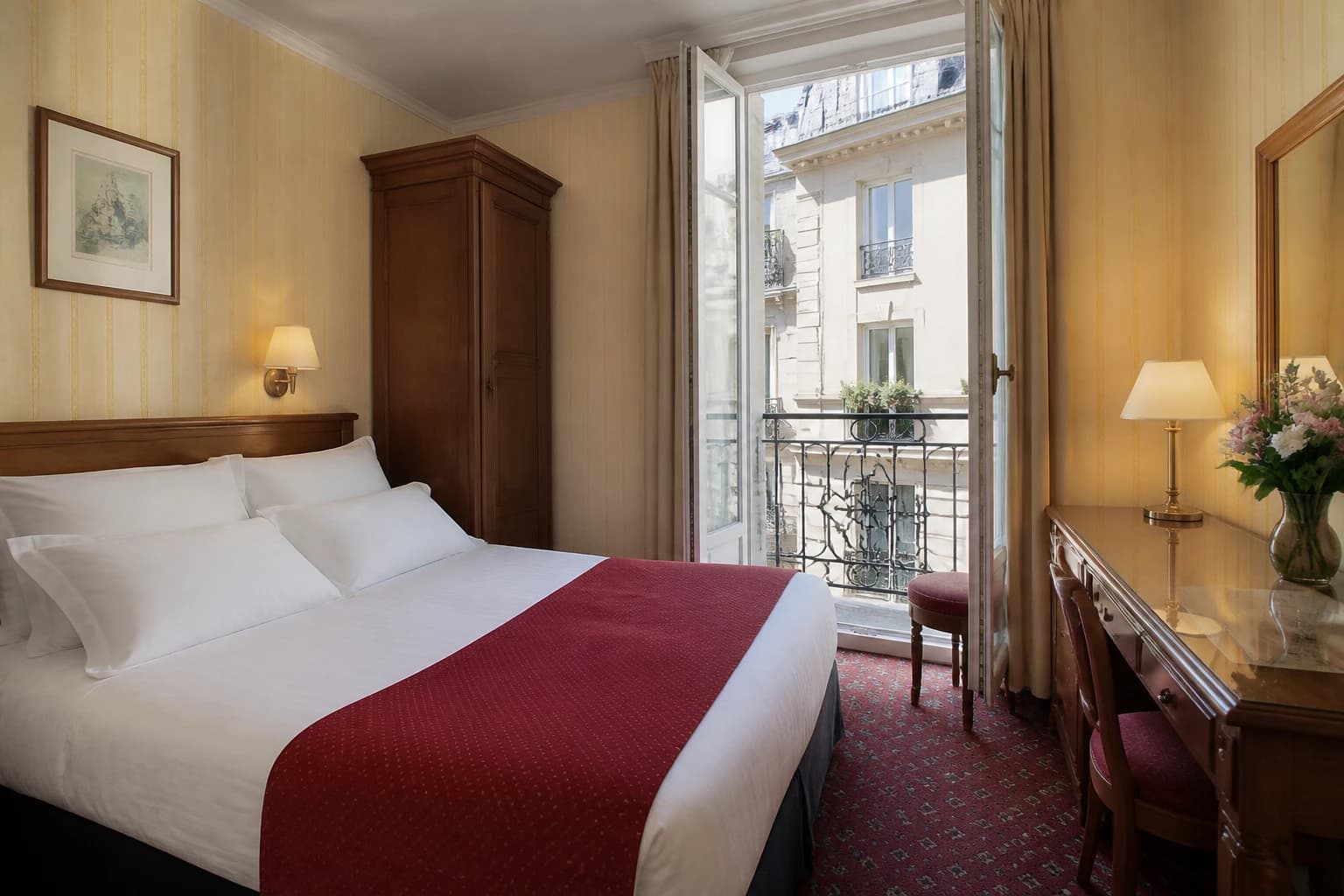 Editorial illustration of a Hôtel Delambre room with red accents, warm wood, striped wallpaper, and French doors to a small balcony.