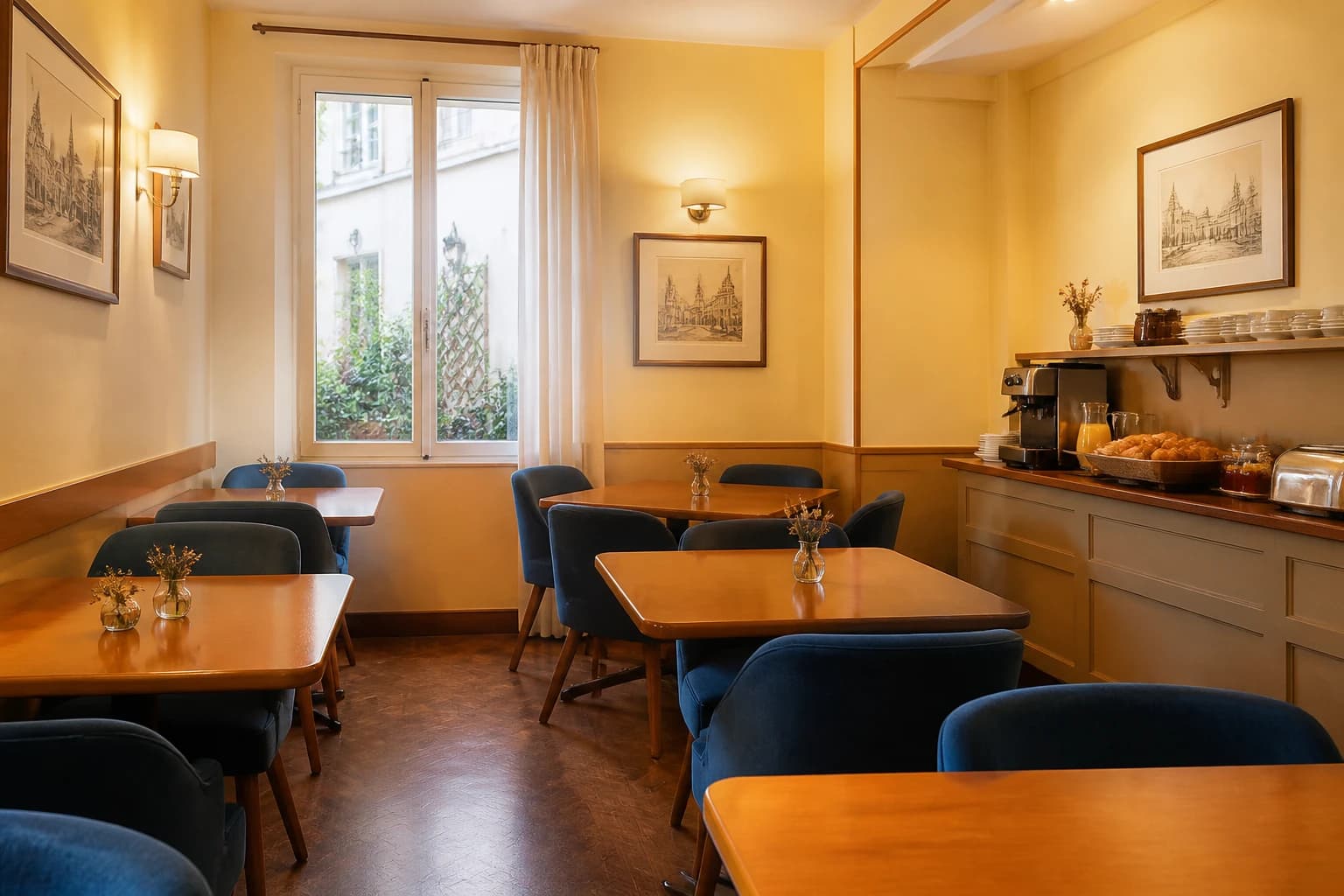 Editorial illustration of Hôtel Delambre’s small breakfast lounge with wood tables, blue chairs, Paris sketches, coffee, and pastries.