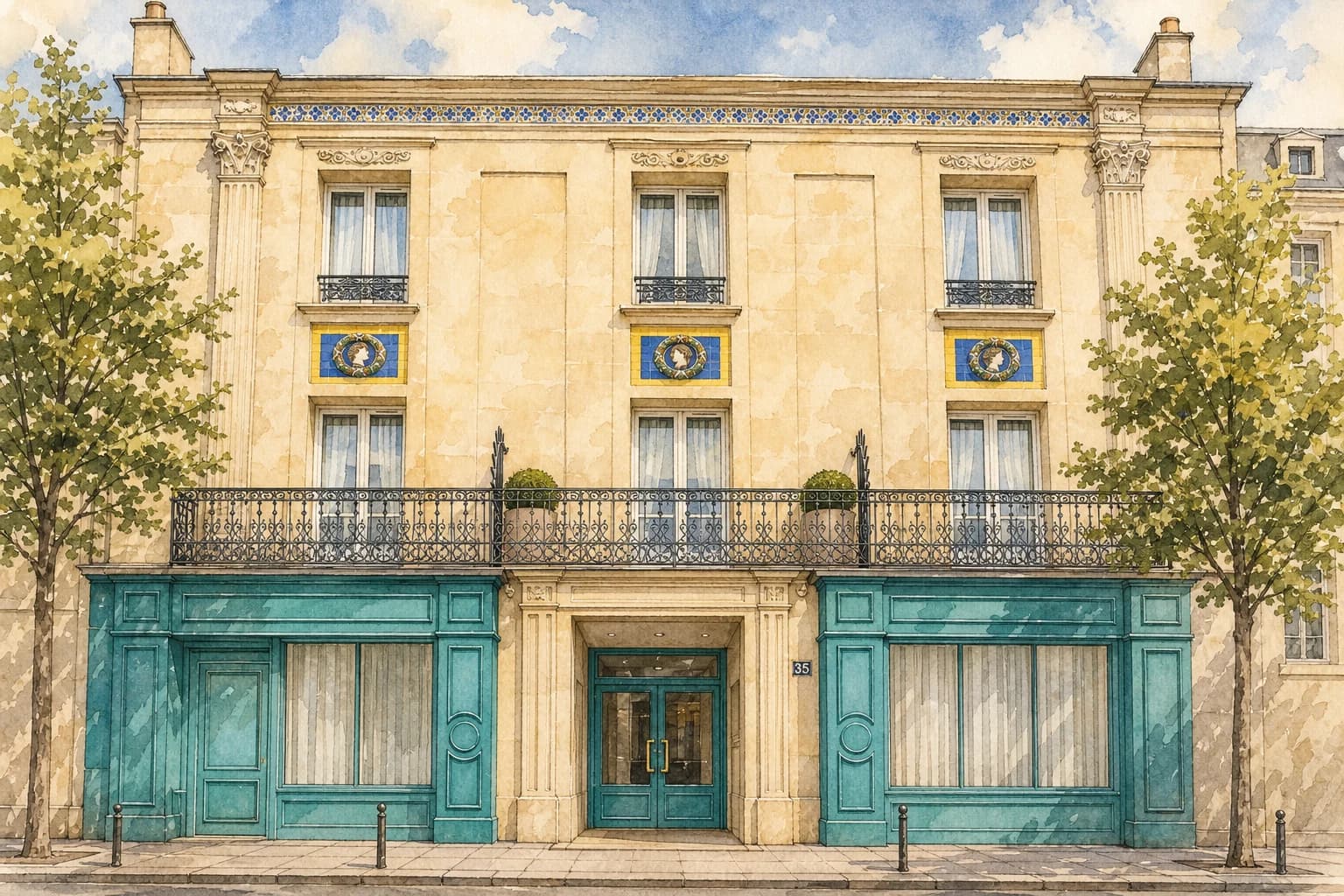 Watercolor illustration of Hôtel Delambre’s turquoise storefront, pale stone façade, and wrought-iron balcony.