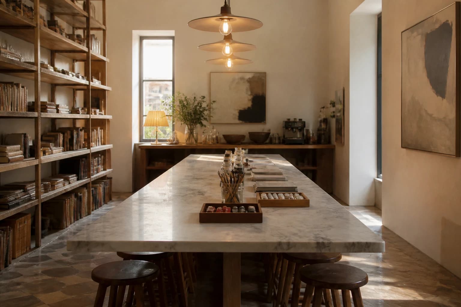 Editorial illustration of the hotel’s café atelier with a Carrara-marble table, art books, painting materials, and works on limewashed walls.