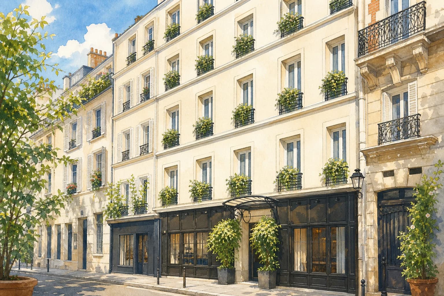 Watercolor illustration of Hôtel des Académies et des Arts’ cream façade, green window boxes, and dark entrance.
