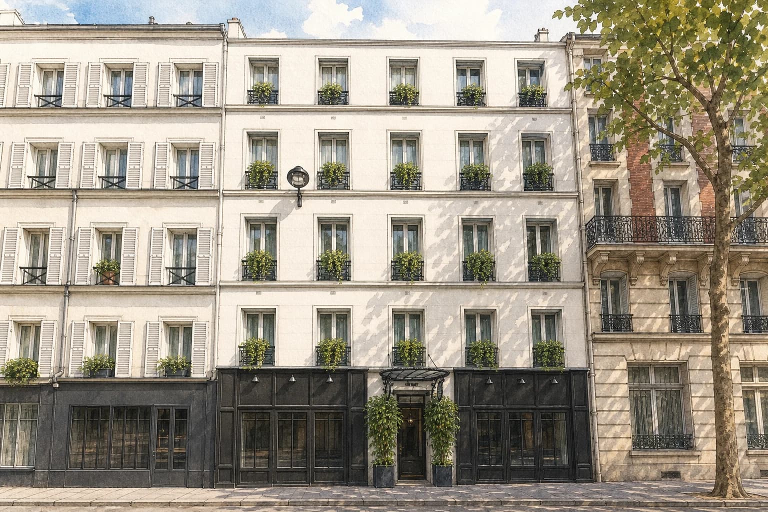 Watercolor illustration of Hôtel des Académies et des Arts’ cream façade, green window boxes, and dark entrance.