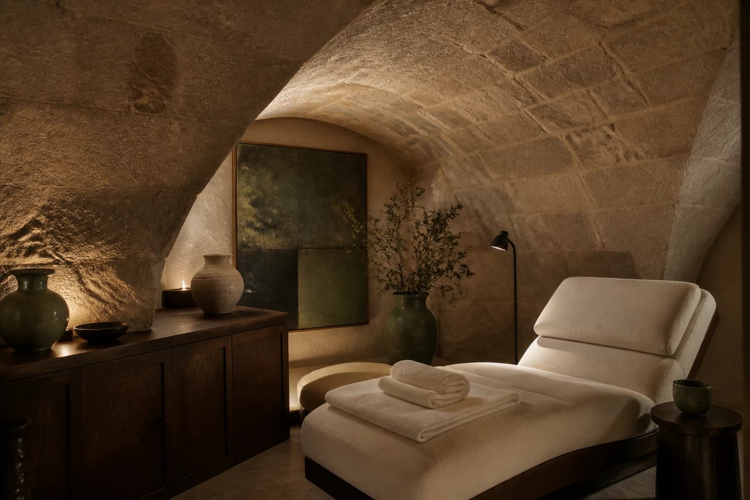 Editorial illustration of a vaulted relaxation room at Hôtel des Académies et des Arts with stone walls, white linens, oak, and ceramics.
