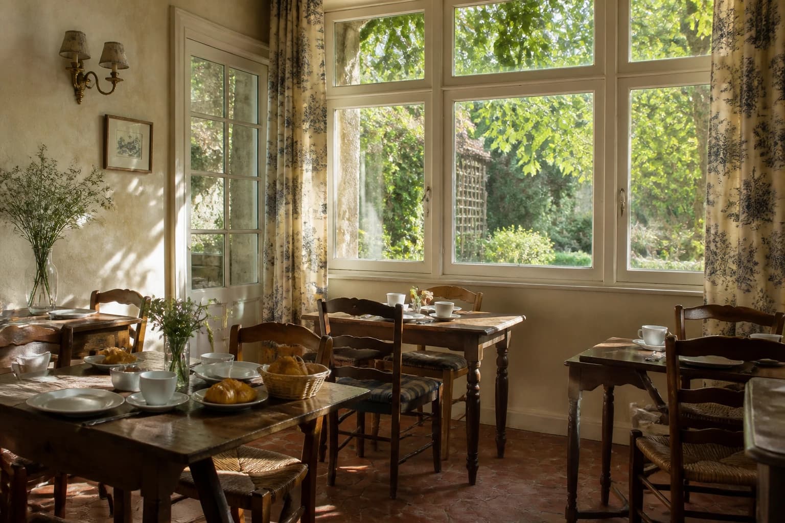 Editorial illustration of the Hôtel des Grandes Écoles breakfast salon with antique tables, toile curtains, and morning garden light.