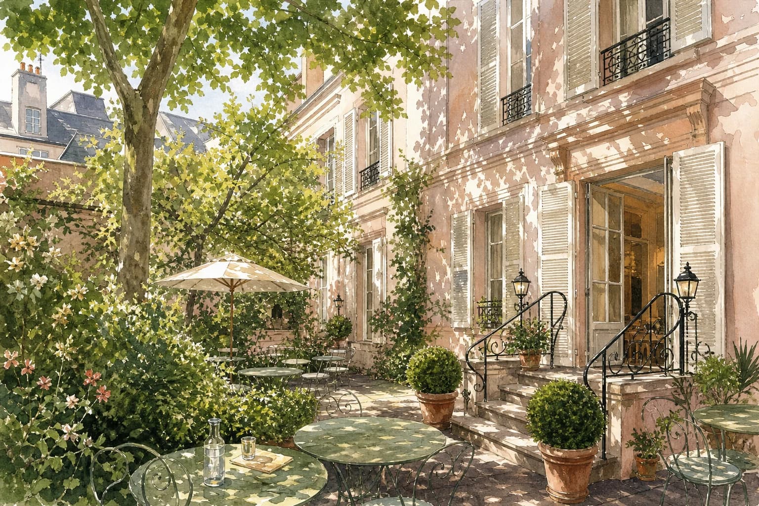 Watercolor illustration of the leafy courtyard and pale pink façade of Hôtel des Grandes Écoles.
