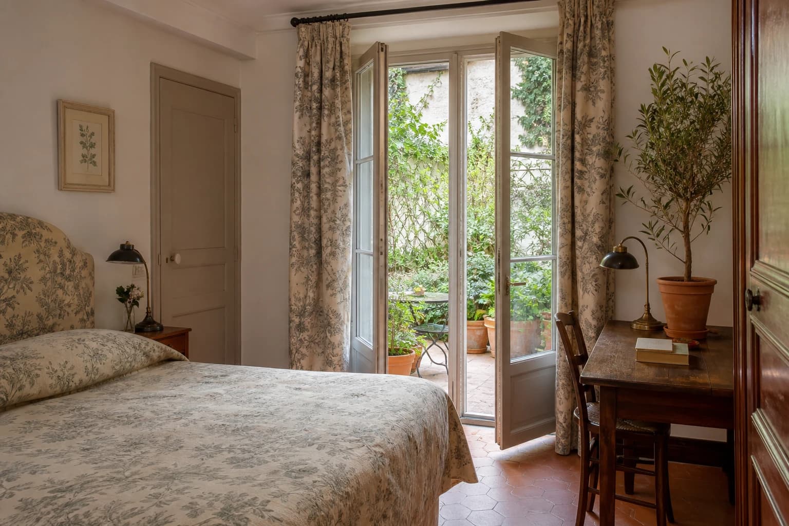 Editorial illustration of a Hôtel des Grandes Écoles double room with botanical fabric, antique wood furniture, and doors toward the garden.
