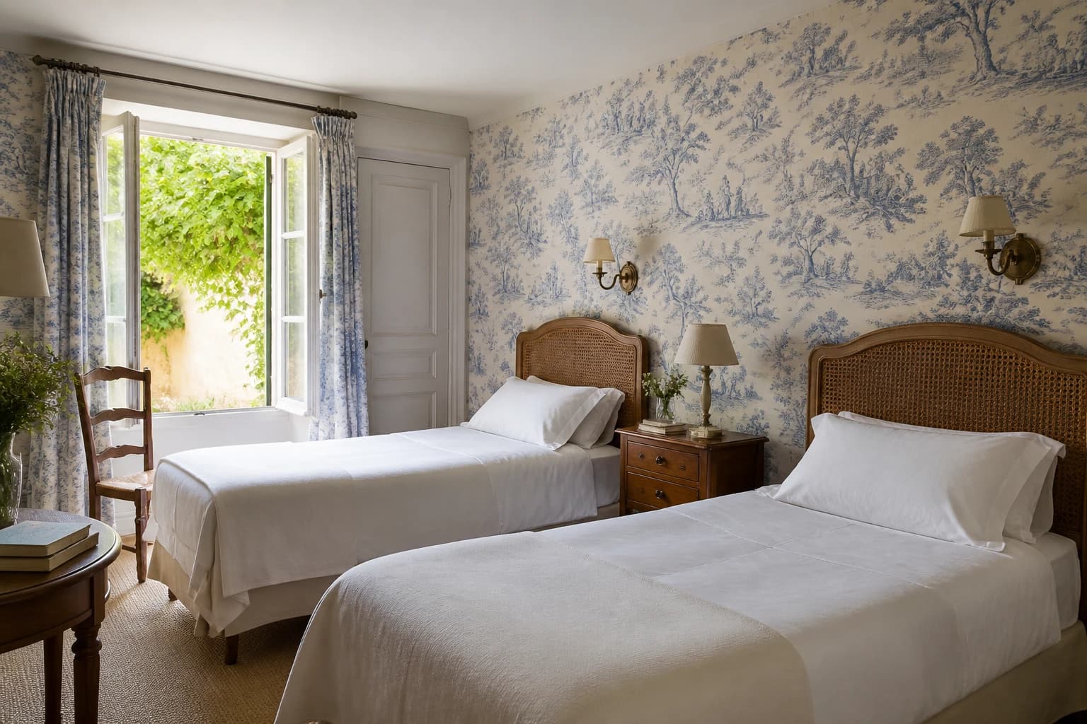 Editorial illustration of a Hôtel des Grandes Écoles twin room with blue toile de Jouy wallpaper, cane headboards, and worn wood furniture.