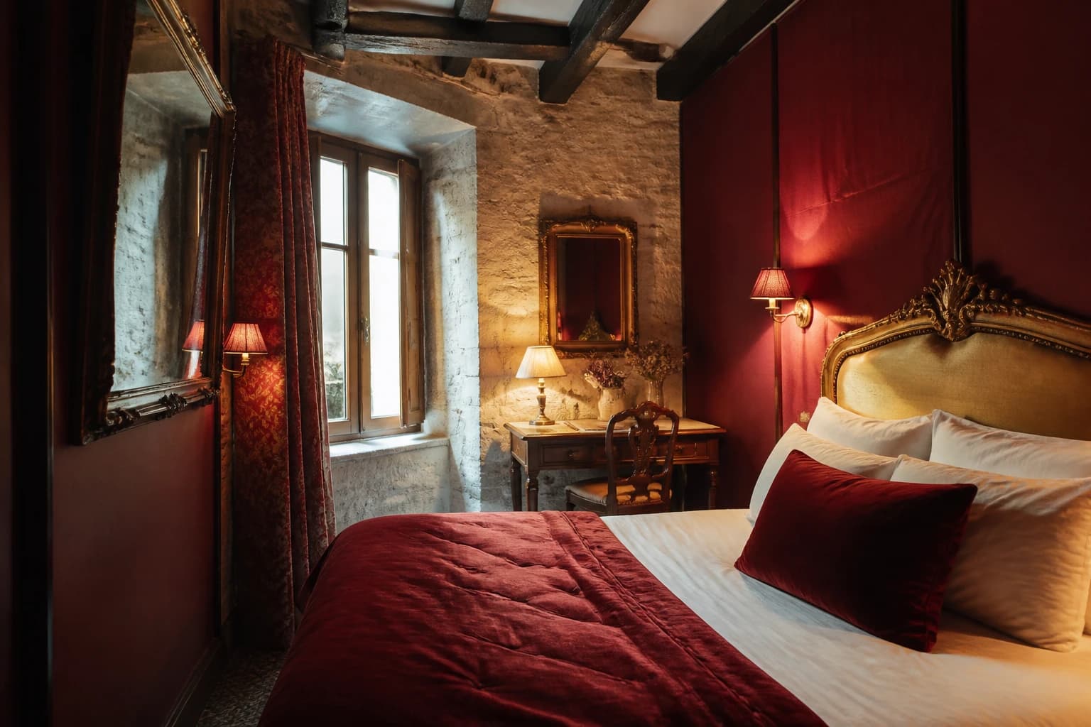 Editorial illustration of a red Hôtel Esmeralda room with exposed limestone, timber beams, a gilded headboard, and antique furniture.