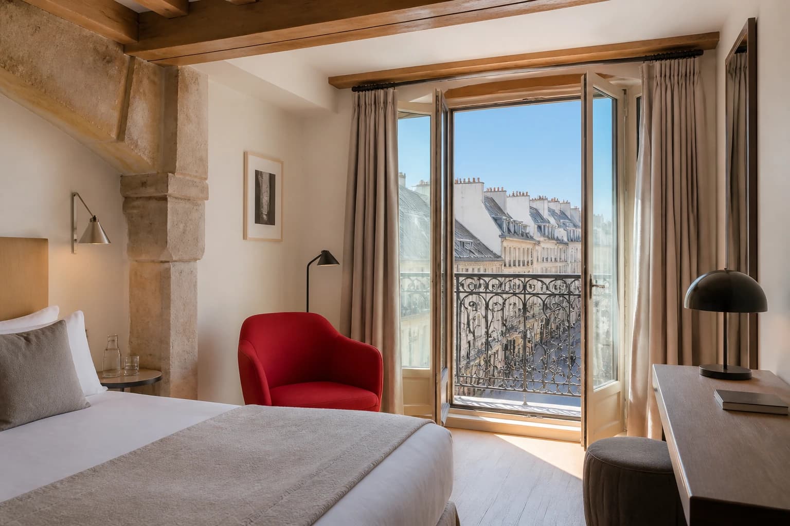 Editorial illustration of an upper Hôtel Europe Saint-Séverin room with honey-colored beams, neutral bedding, a red chair, and a small balcony.