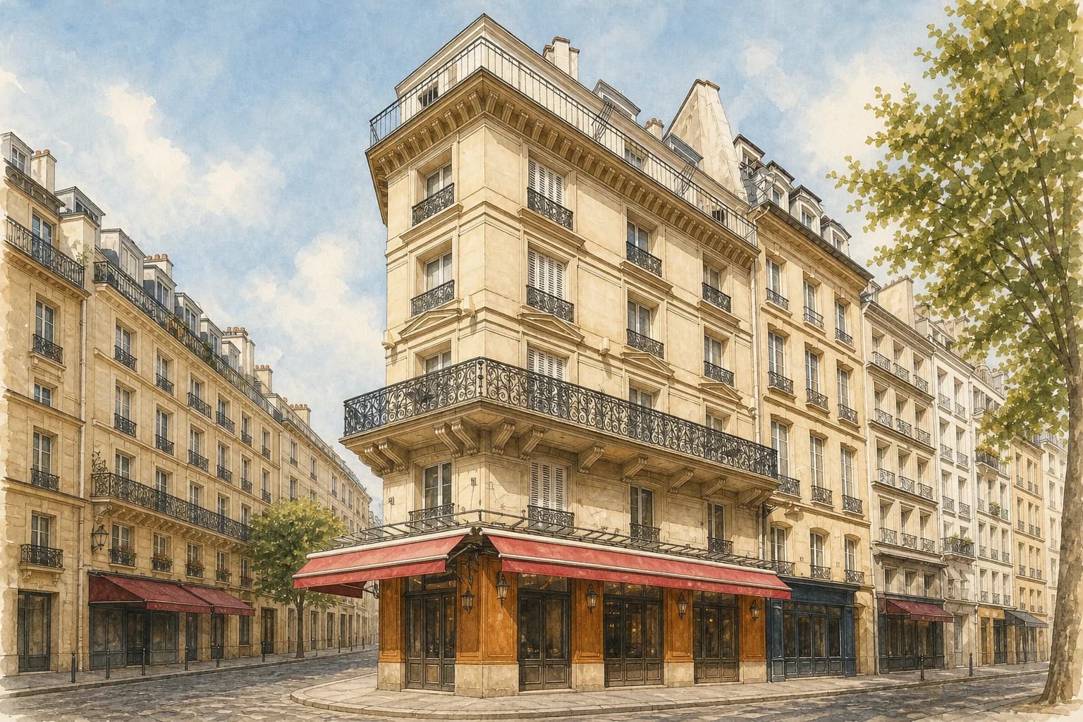 Watercolor illustration of Hôtel Europe Saint-Séverin’s pale stone corner building and wraparound iron balcony.