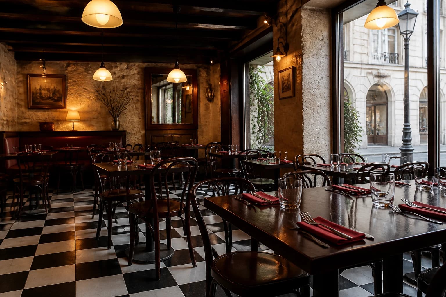 Editorial illustration of the Rim Café with a checkered floor, stone walls, dark beams, wood bistro tables, red napkins, and warm lights.