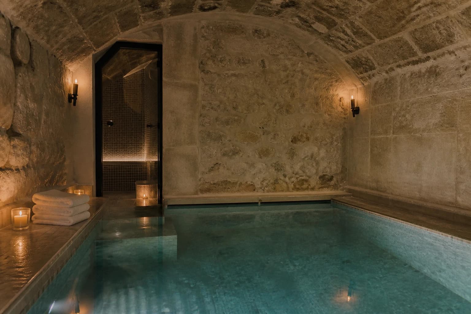 Editorial illustration of L’Hôtel’s small candlelit pool beneath a stone-vaulted cellar ceiling.