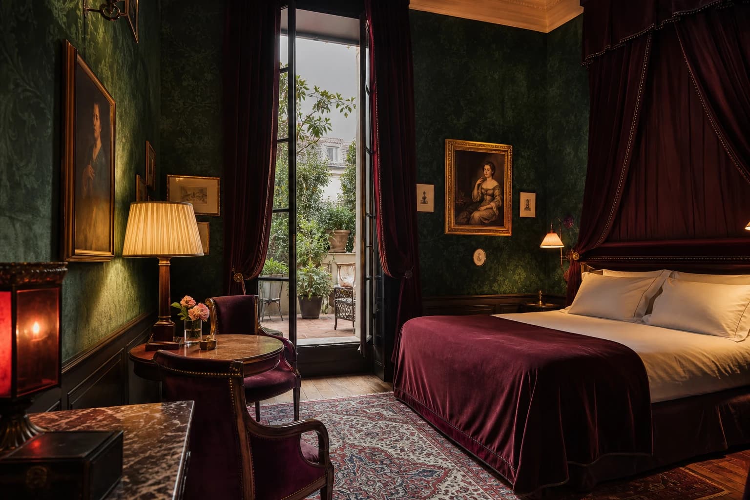 Editorial illustration of L’Hôtel’s Oscar Wilde Suite with peacock-green walls, burgundy drapery, antique furniture, and a terrace beyond the windows.