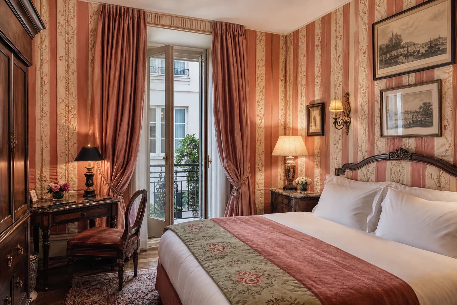 Editorial illustration of a Reine Hortense-inspired room at L’Hôtel with rose-striped walls, antique furniture, and doors opening toward the courtyard.