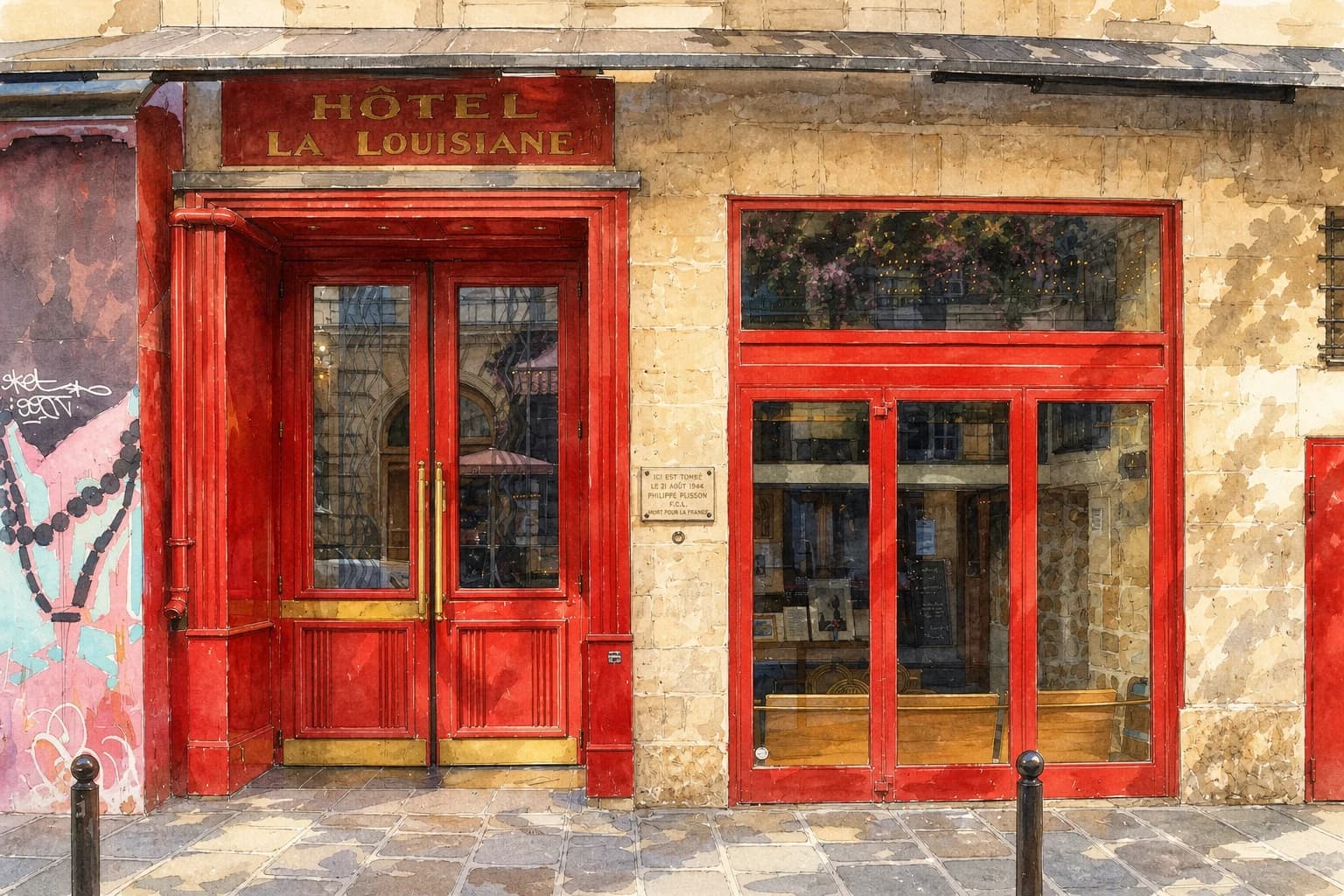 Watercolor illustration of Hôtel La Louisiane’s present-day red entrance and pale stone façade on rue de Seine.