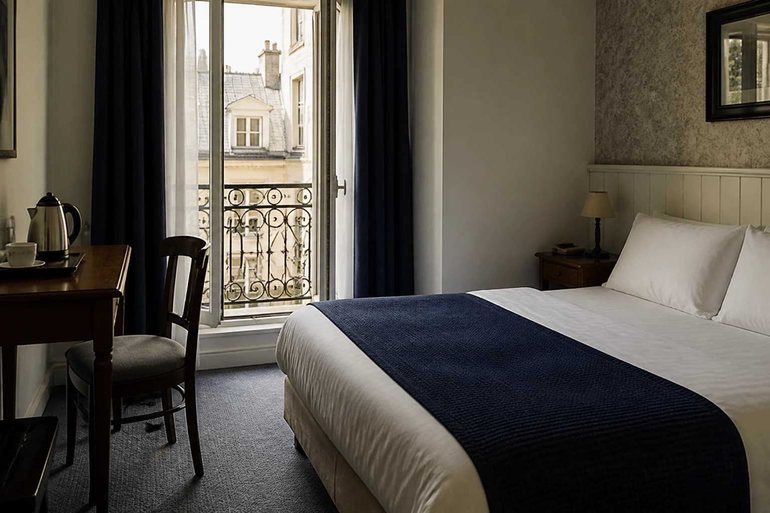 Editorial illustration of a simple Hôtel La Louisiane guest room with white bedding, navy accents, wood furniture, and balcony doors.