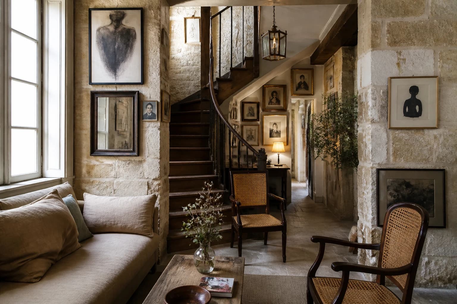 Editorial illustration of Hôtel La Louisiane’s bohemian lounge with exposed stone, a wooden staircase, vintage furniture, books, and art.