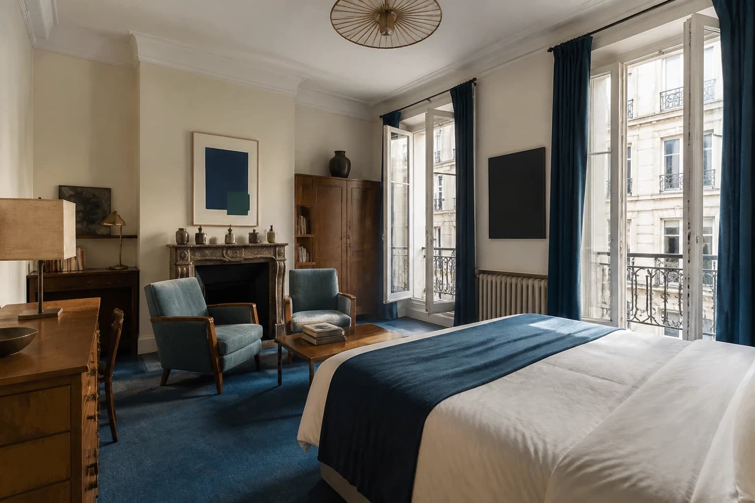 Editorial illustration of a larger Hôtel La Louisiane room with blue accents, vintage armchairs, framed art, and tall windows.