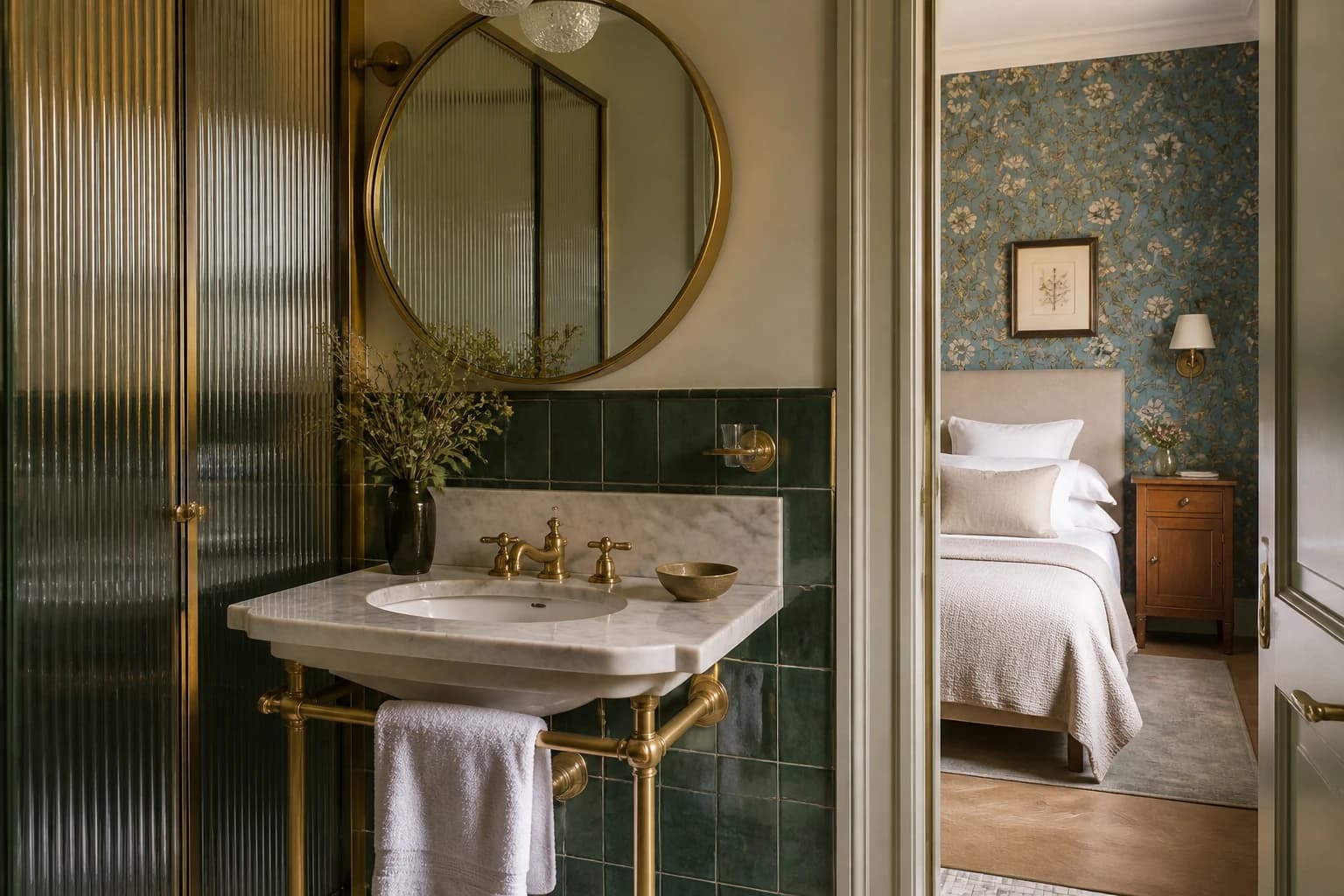 Editorial illustration of a Hôtel Léopold bathroom with emerald tiles, brass taps, a marble console, linen towels, and a fluted-glass shower.