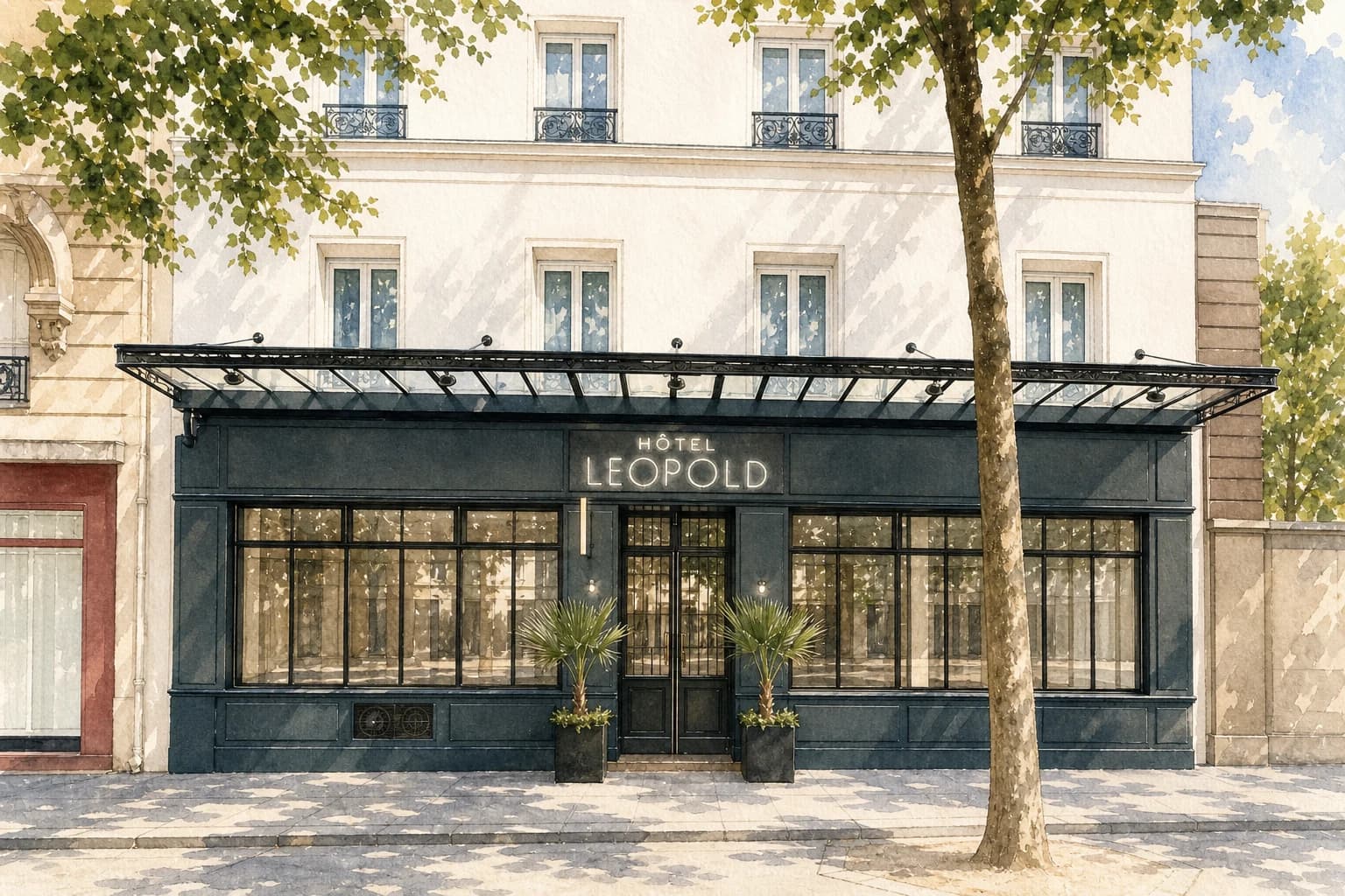 Watercolor illustration of Hôtel Léopold’s dark green storefront, glass canopy, and white upper façade.