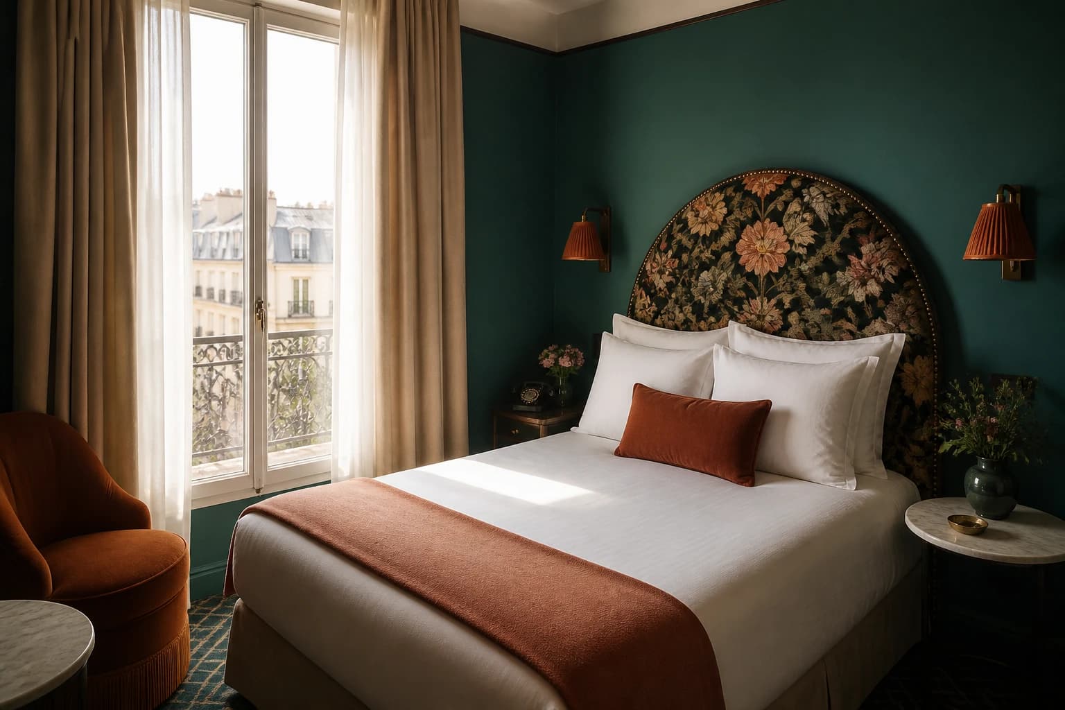 Editorial illustration of a Hôtel Léopold guest room with teal walls, a floral velvet headboard, terracotta accents, and a marble side table.