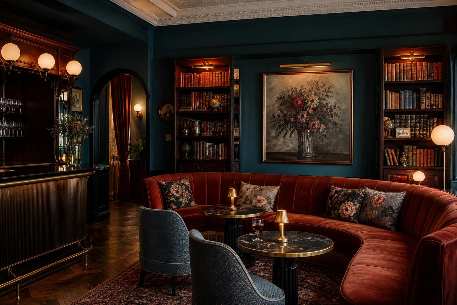 Editorial illustration of Hôtel Léopold’s bar and library with teal walls, a rust velvet banquette, floral cushions, books, and globe lamps.