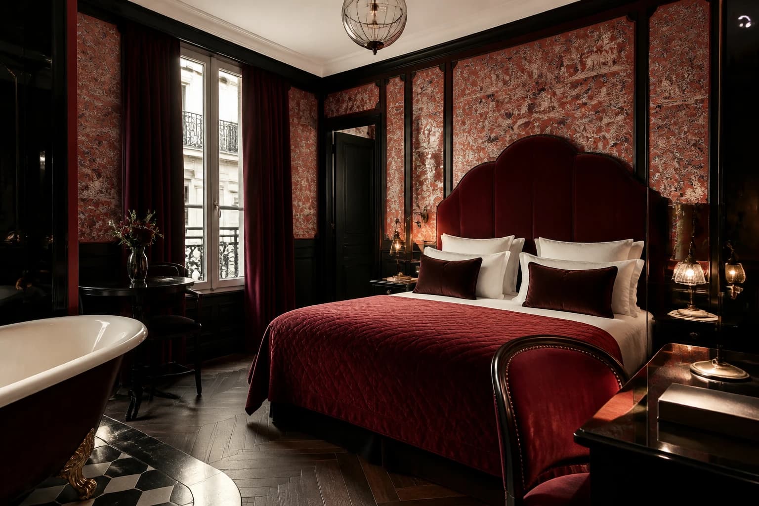 Editorial illustration of a Cocotte-inspired room at Hôtel Les Dames du Panthéon with red velvet, dark lacquer, brass lamps, and a freestanding bath.