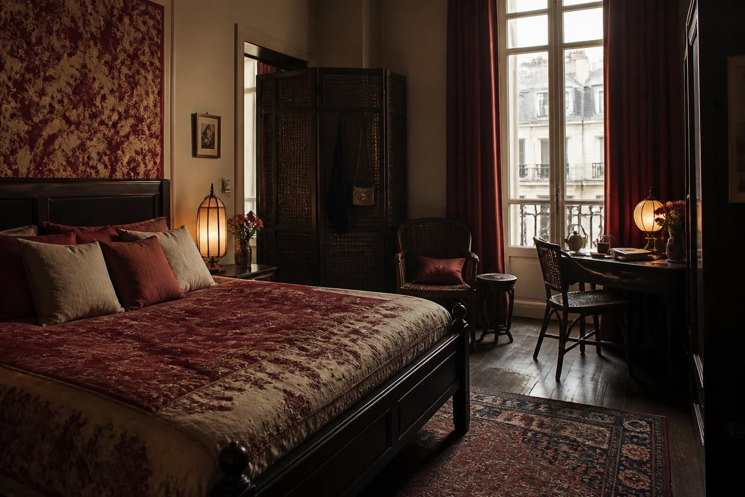 Editorial illustration of a Marguerite Duras-inspired room with dark wood, printed fabrics, red and brown tones, and a writing desk.