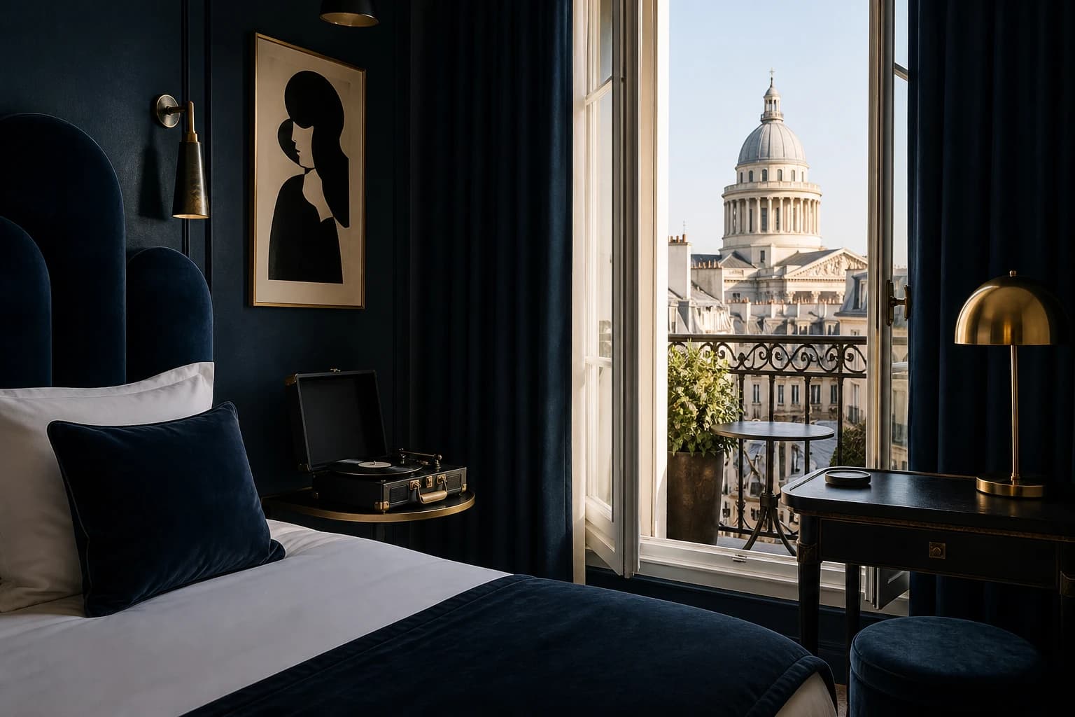 Editorial illustration of a Juliette Gréco-inspired room with midnight-blue walls, brass accents, a record player, and balcony light.