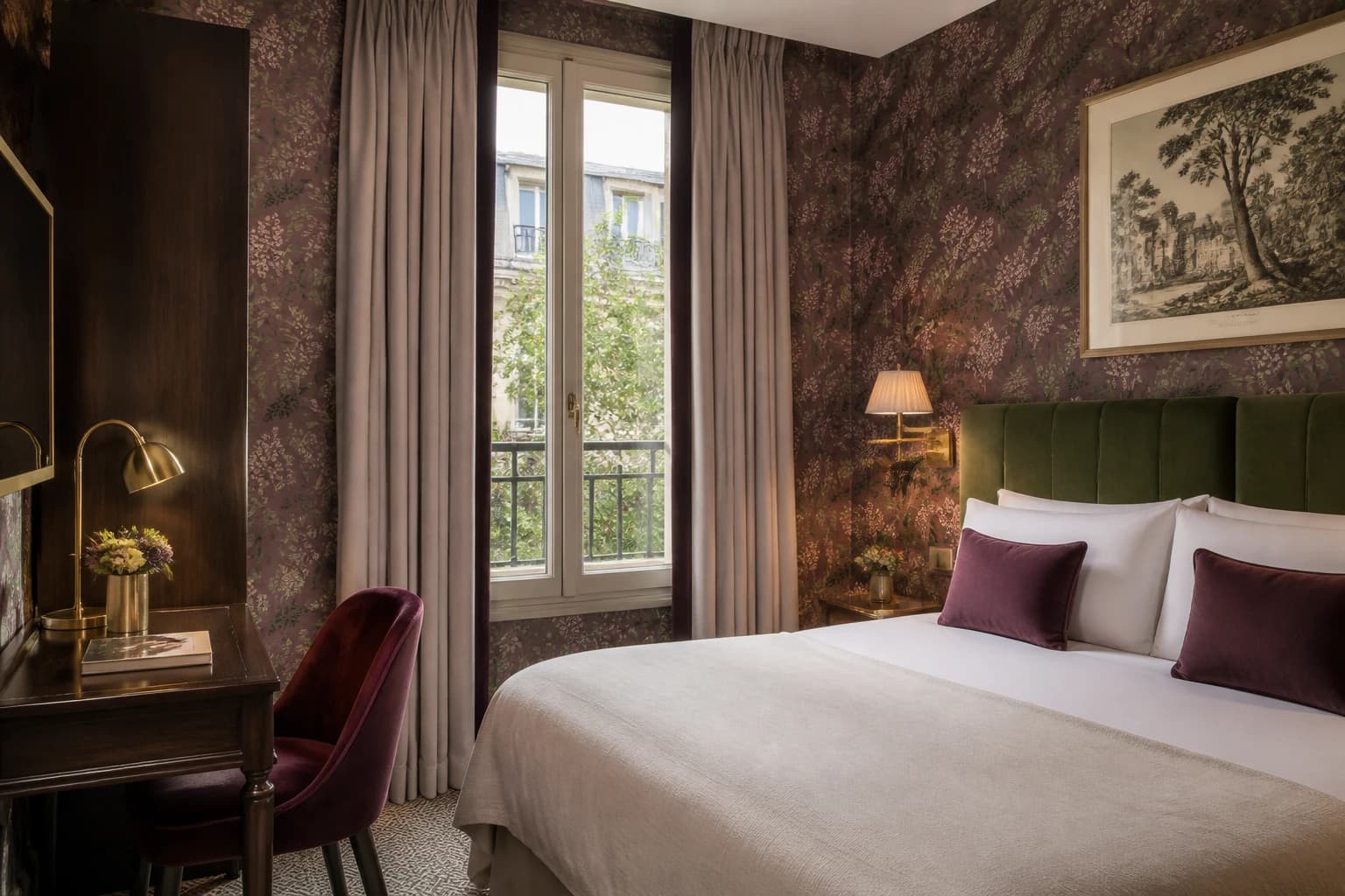 Editorial illustration of a Hôtel Parc Saint-Séverin room with botanical wallpaper, cream bedding, dark wood, and a velvet chair.