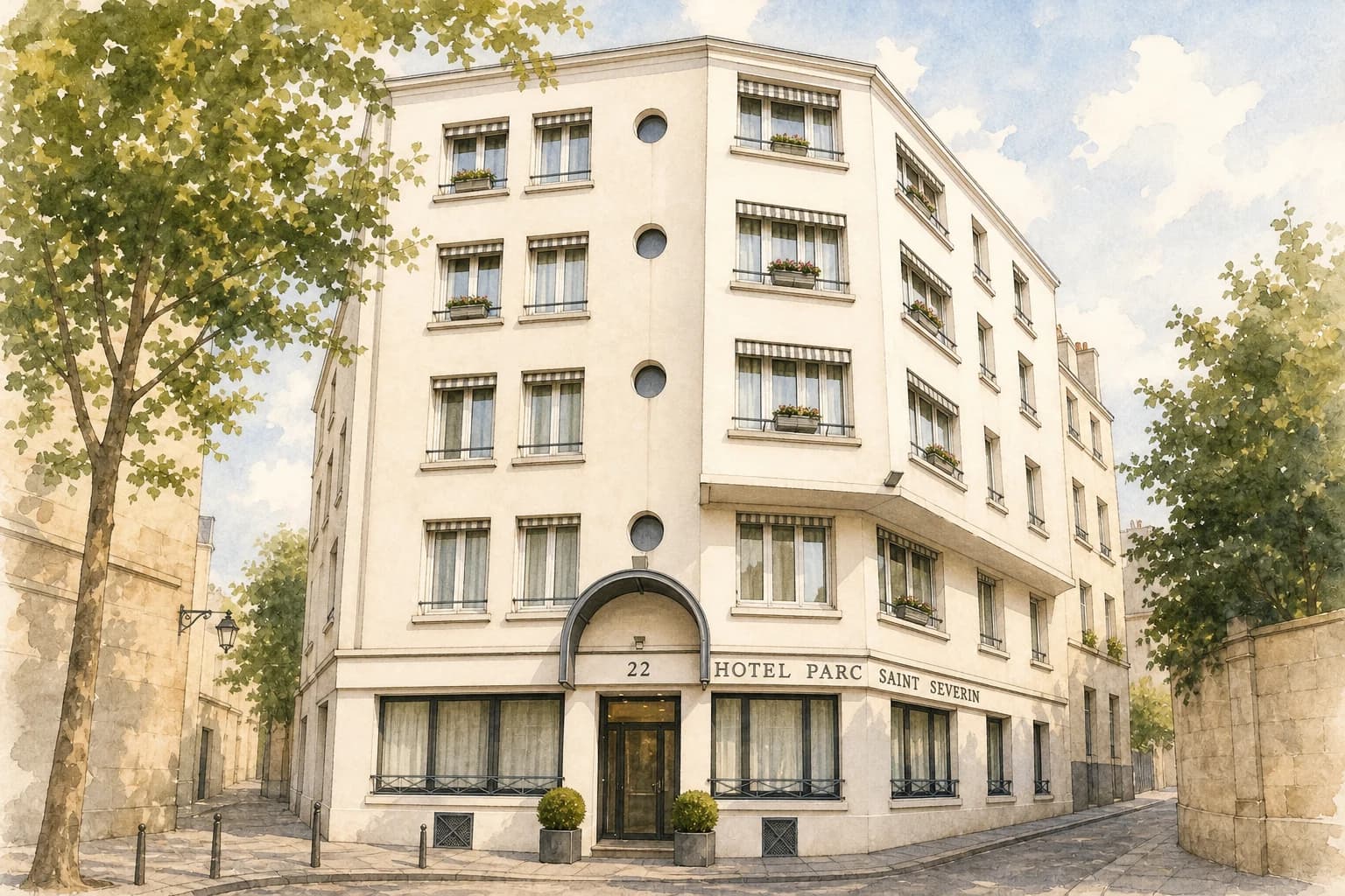 Watercolor illustration of Hôtel Parc Saint-Séverin’s pale corner façade and arched entrance at number 22.