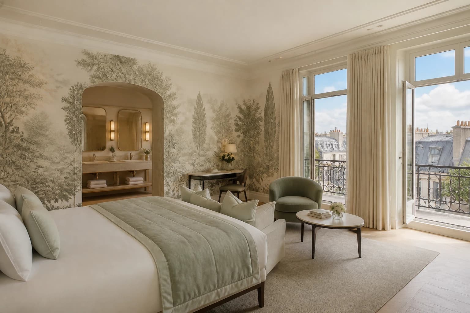 Editorial illustration of a panoramic Hôtel Parc Saint-Séverin room with sage accents, terrace doors, a double vanity, and rooftop views.