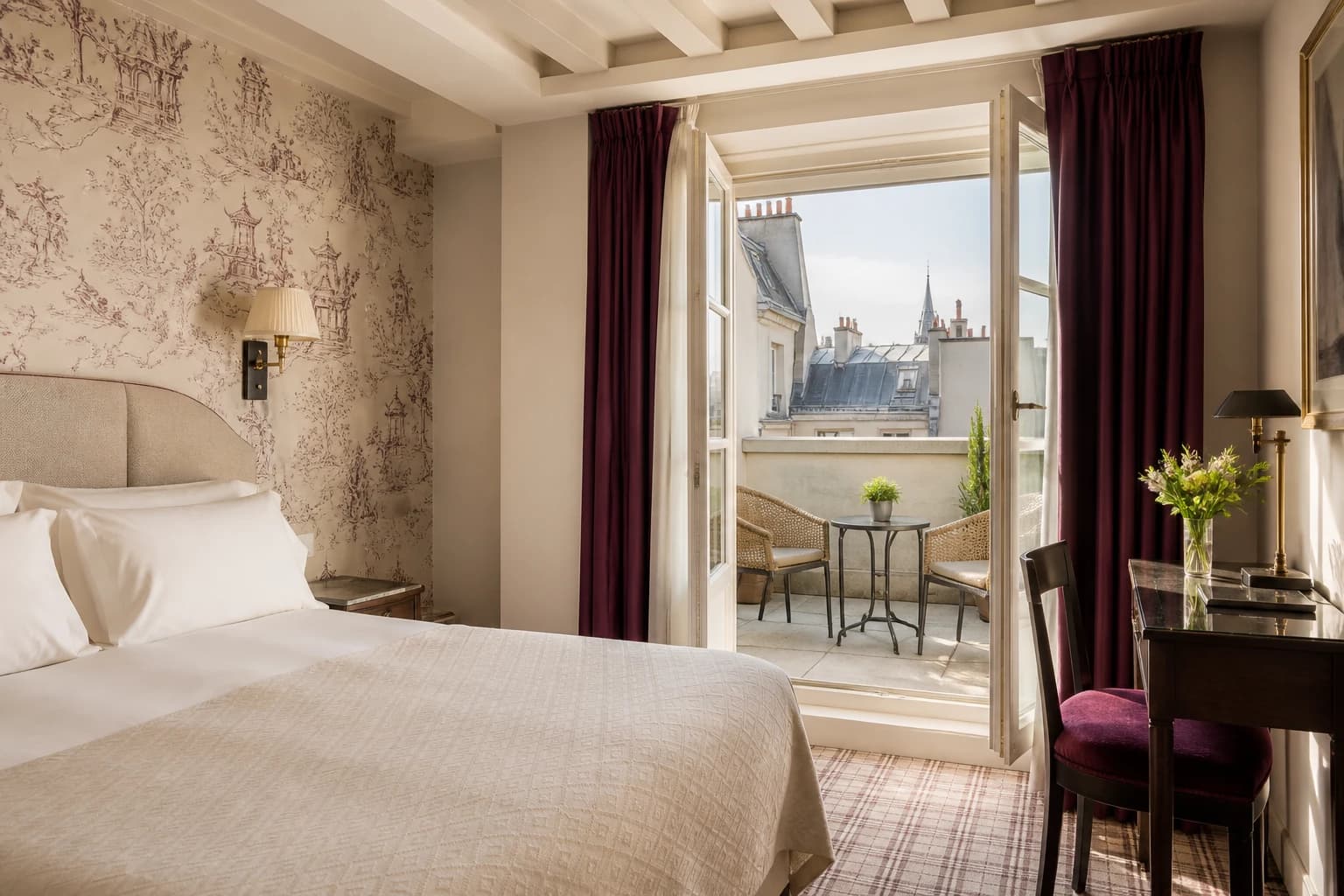 Editorial illustration of a Hôtel Parc Saint-Séverin terrace room with patterned wallpaper, plum curtains, and doors opening to Paris rooftops.