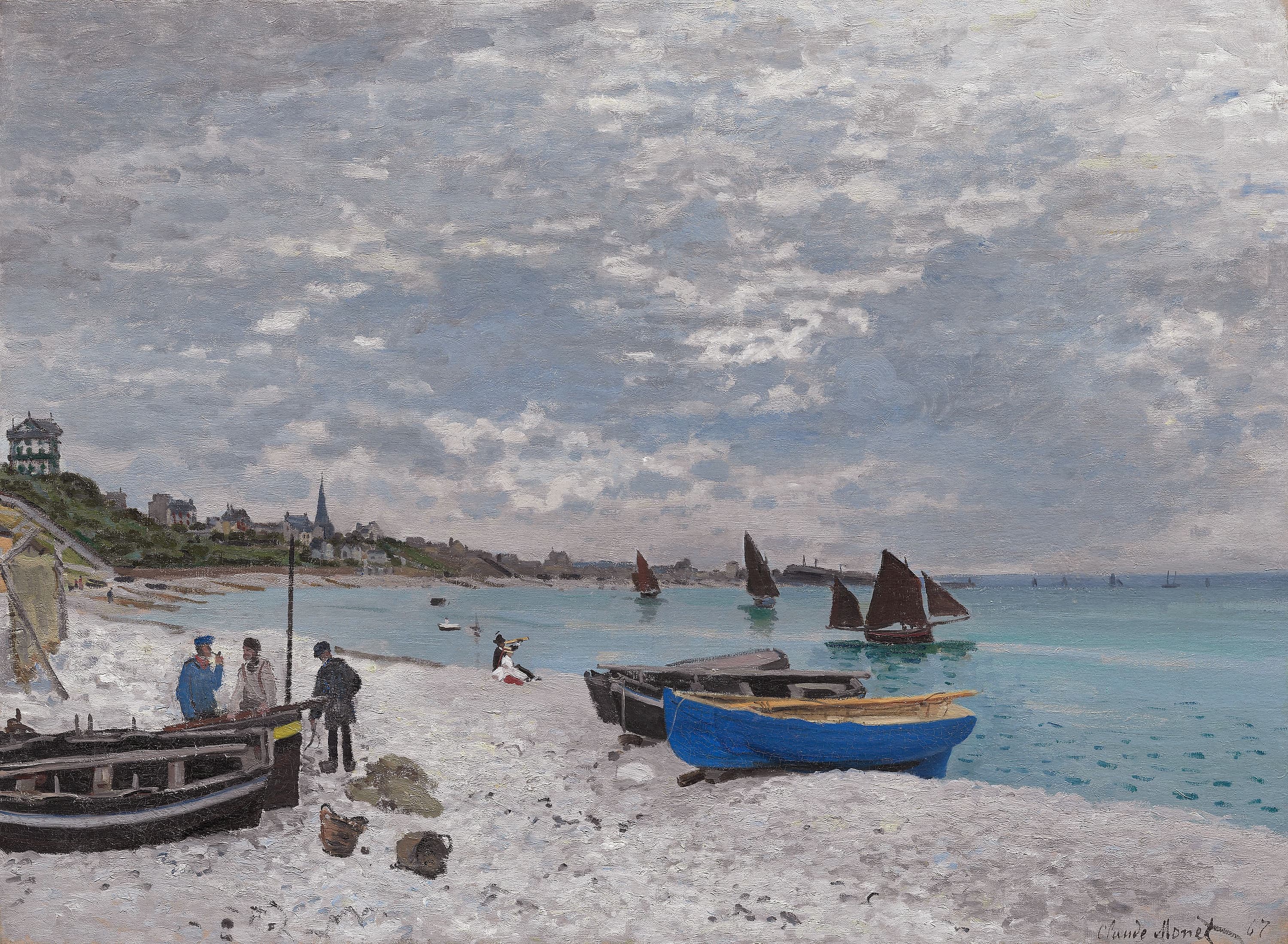 Close view of figures, beached boats, and dark hulls on the shore at Sainte-Adresse
