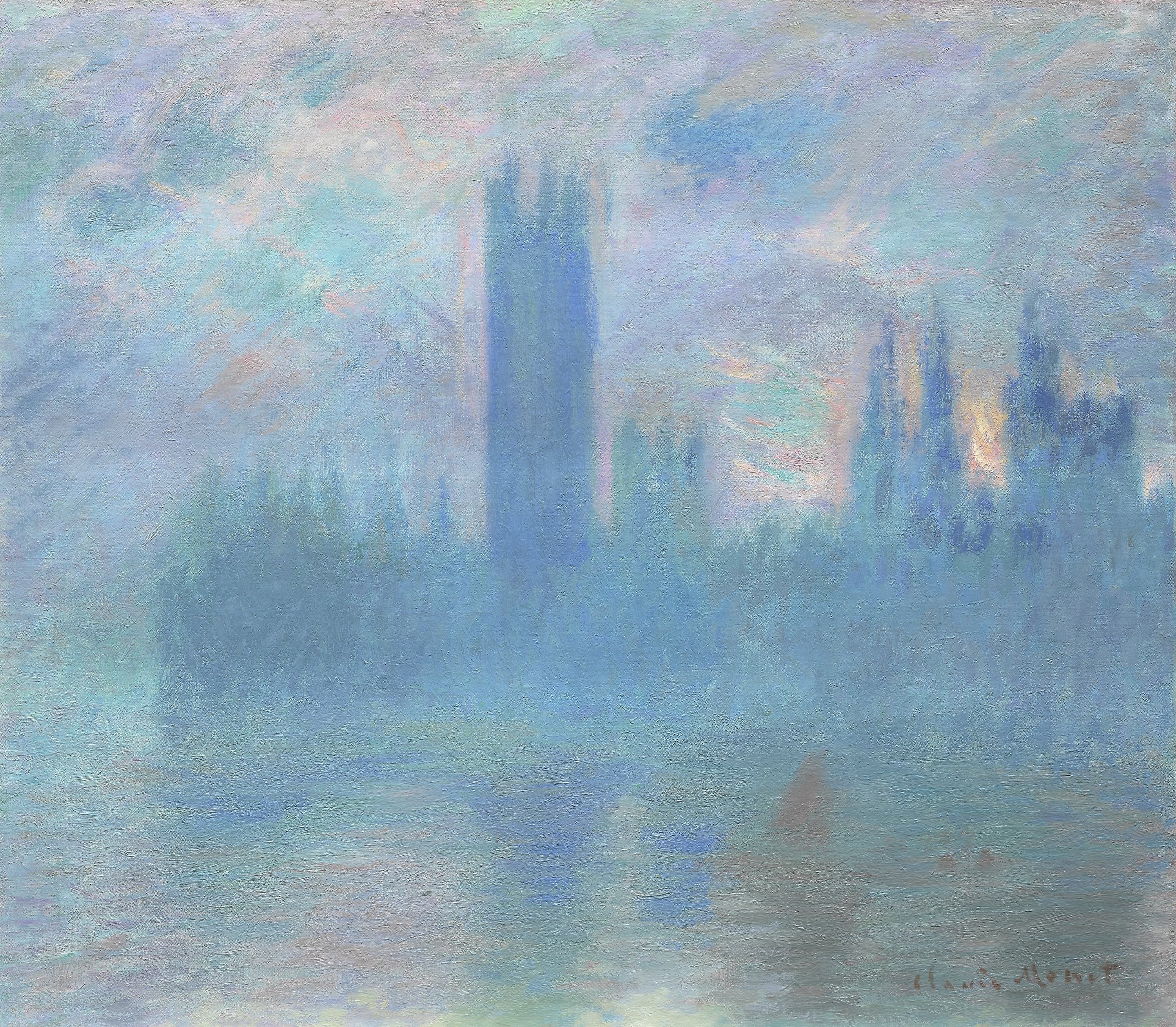 Close view of the Victoria Tower and Parliament roofline appearing as a dark violet silhouette in Monet's London fog