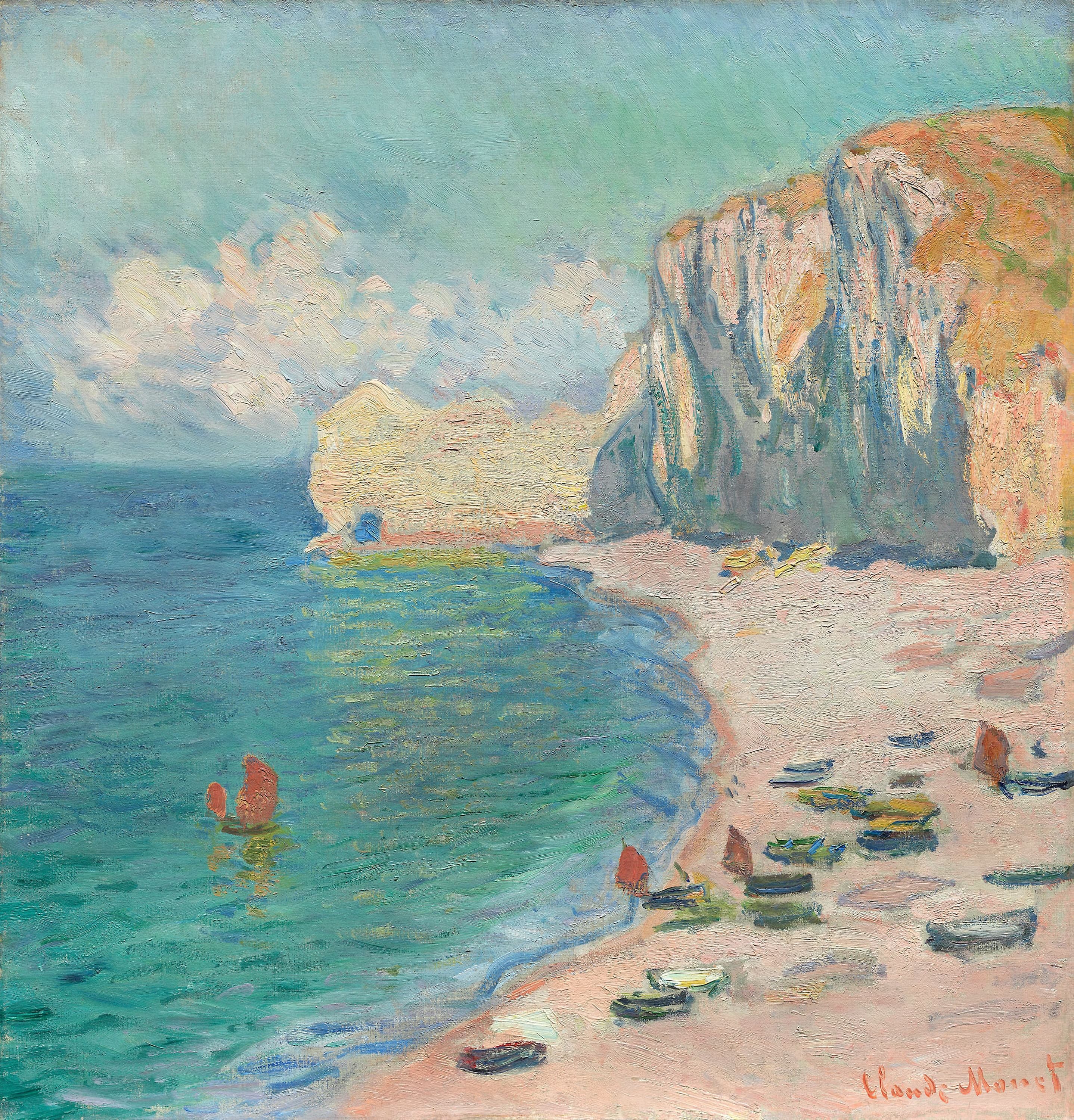 Close view of the sunlit Falaise d'Amont cliff and its great sea arch at Étretat