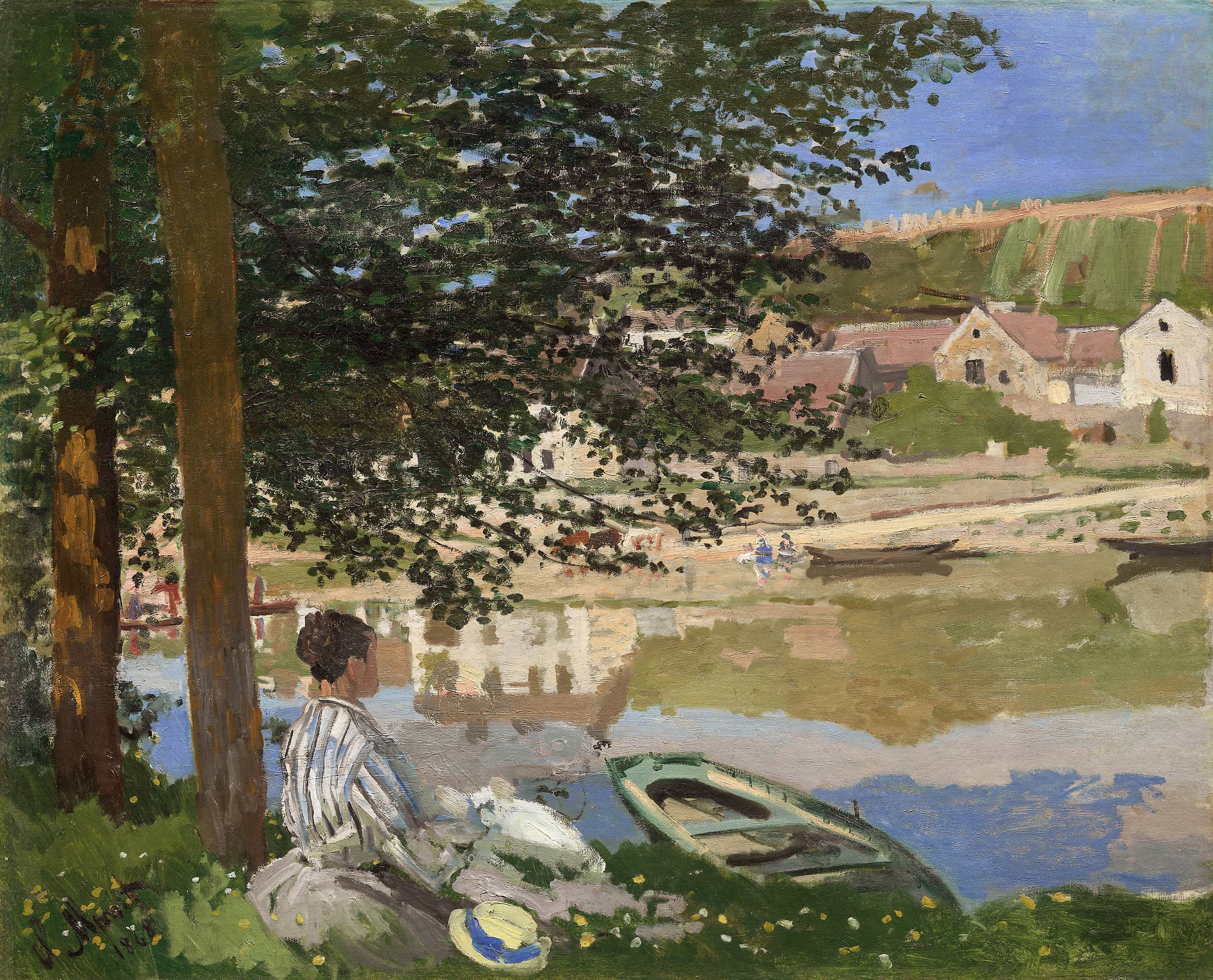 Close view of Camille Doncieux seated in the grass on the bank of the Seine at Bennecourt